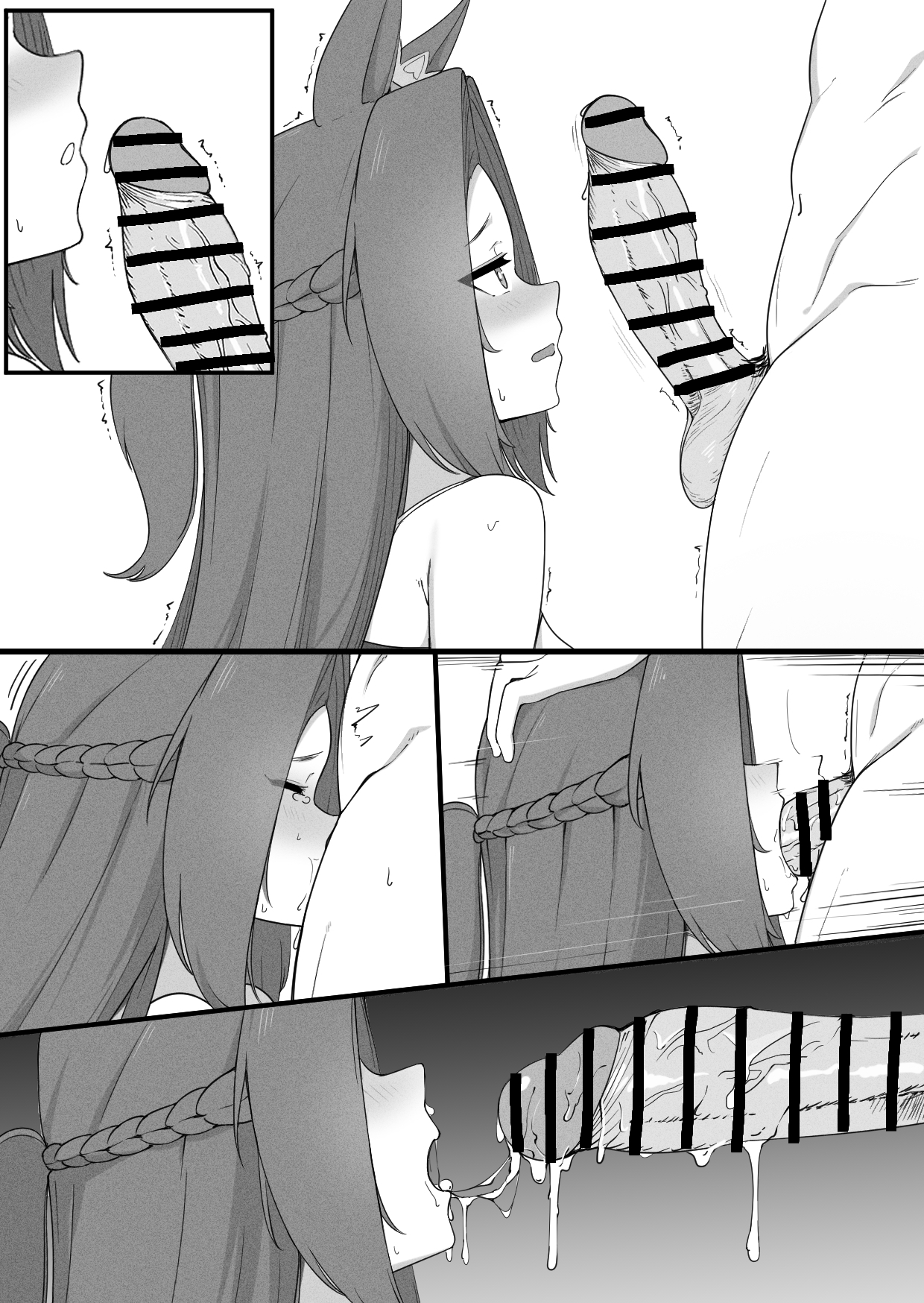 keycccat, kawakami princess (umamusume), umamusume, highres, 1boy, 1girl, animal ears, bar censor, blush, braid, censored, cum, cum in mouth, cum string, fellatio, from side, greyscale, horse ears, horse girl, monochrome, muscular, muscular male, oral, parted bangs, penis