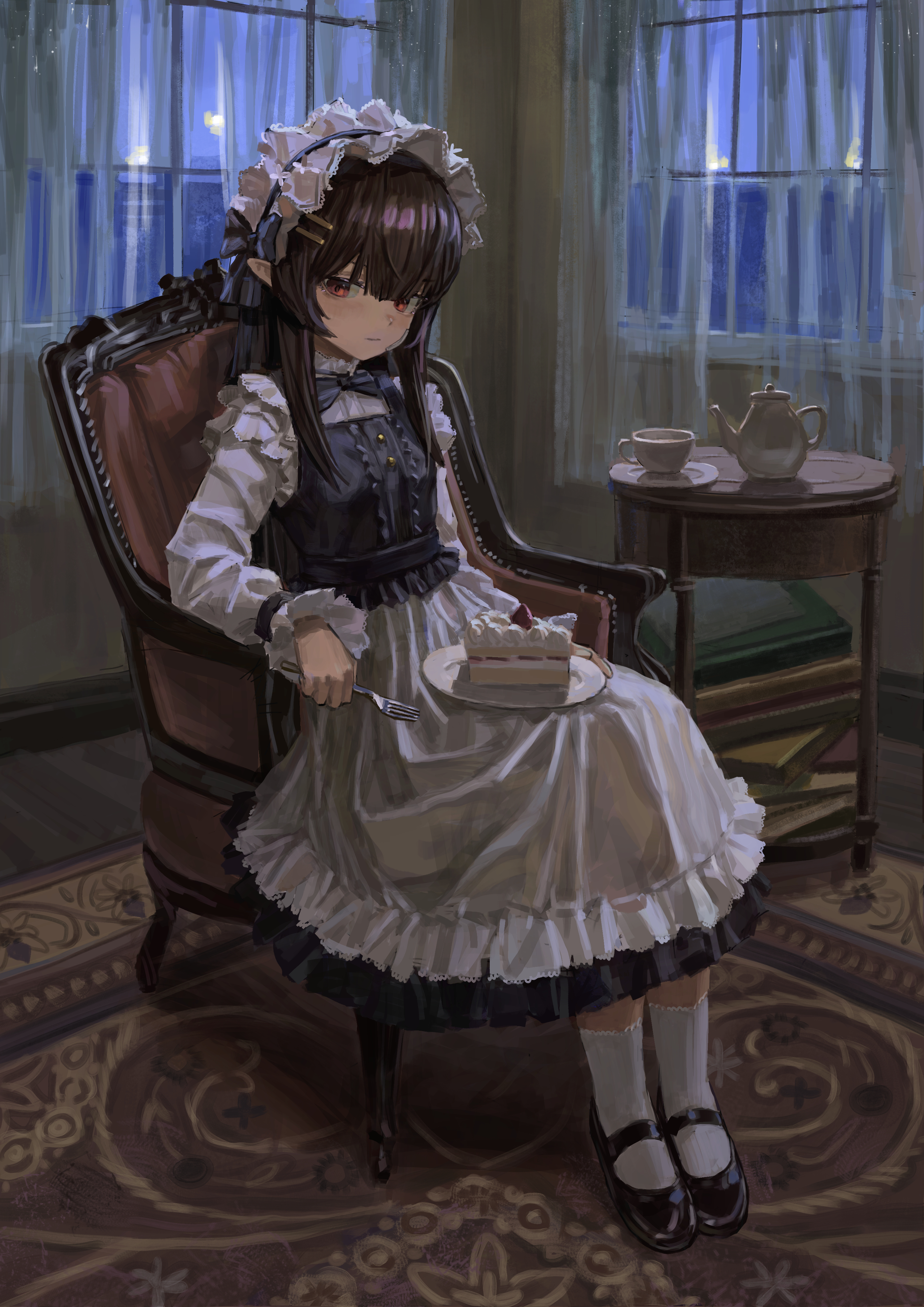 an yb, original, absurdres, commentary, english commentary, highres, 1girl, armchair, bandaid, bandaid on face, black bow, black shoes, black vest, blue bow, blunt bangs, book, book stack, bow, bowtie, cake, carpet, chair, classic lolita, closed mouth, cup, curtains, dress, expressionless, food, fork, frilled dress, frilled headwear, frills, full body, hair ornament, hairclip, headdress, high collar, holding, holding fork, indoors, lolita fashion, long sleeves, looking to the side, mary janes, on chair, parallel hairclips, plate, pointy ears, red eyes, shoes, sitting, sleeves past wrists, socks, solo, strawberry cake, table, teacup, teapot, vest, white dress, white headdress, white socks, window, wristband