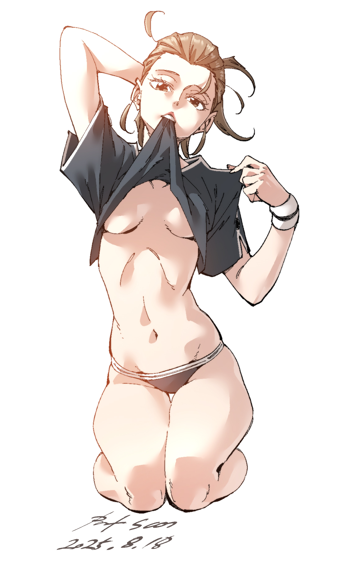 nabipenciller, original, highres, 1girl, arm behind head, black panties, black shirt, breasts, breasts apart, brown eyes, brown hair, clothes in mouth, clothes lift, dated, dated commentary, full body, lifting own clothes, looking at viewer, medium breasts, mouth hold, navel, no bra, panties, seiza, shirt, shirt in mouth, shirt lift, simple background, sitting, solo, stomach, t-shirt, underwear, white background