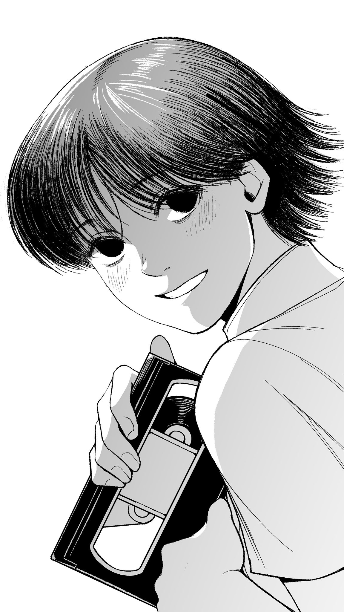 chrollo lucilfer, hunter x hunter, highres, 63roku63, black eyes, black hair, blush, greyscale, grin, monochrome, shirt, short sleeves, smile, solo