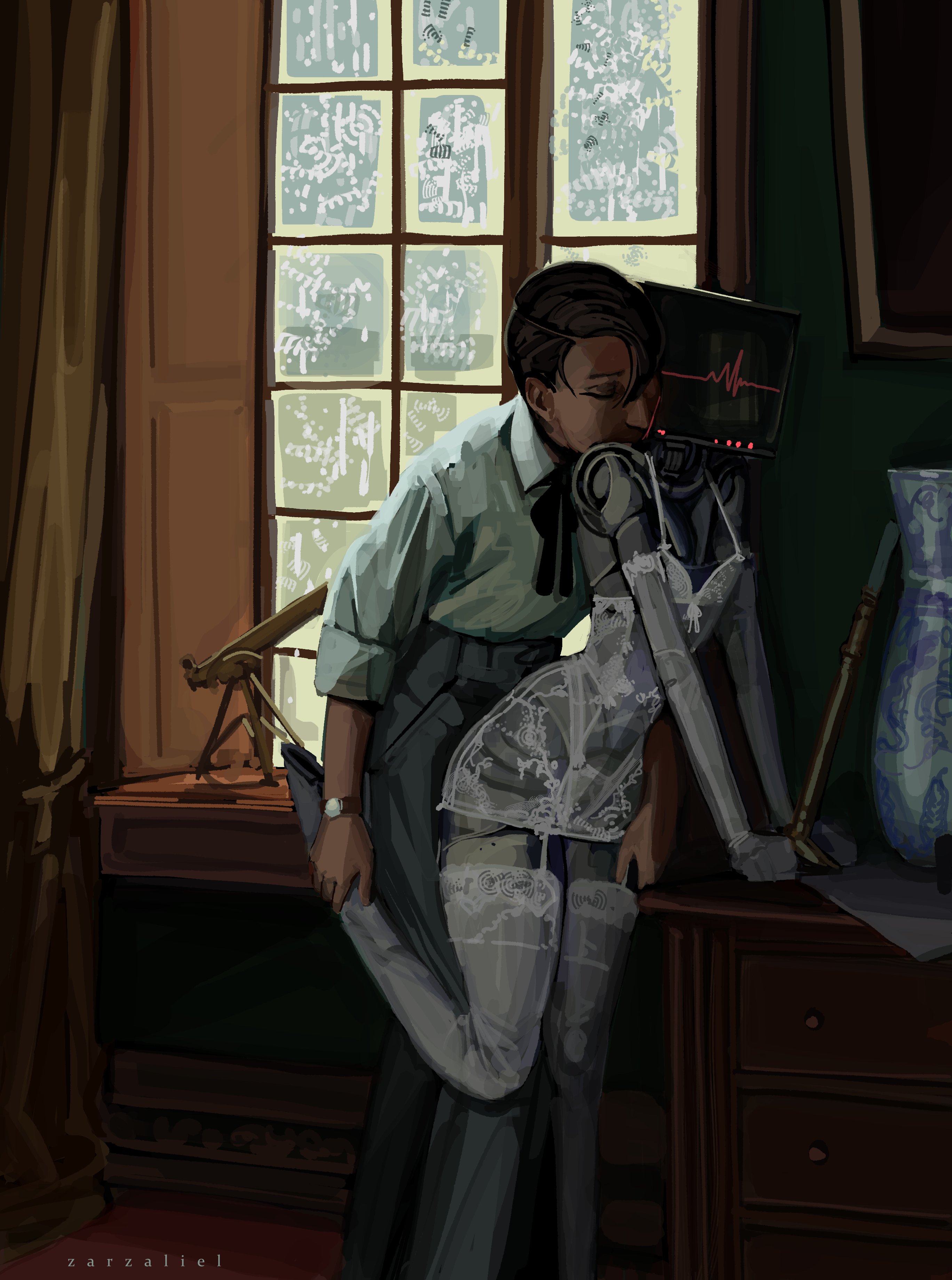 zarzaliel, original, absurdres, commentary, english commentary, highres, 1boy, artist name, black bow, black hair, bow, cabinet, collared shirt, curtains, dress, garter belt, grey pants, hand on another's thigh, holding another's leg, humanoid robot, kiss, kissing neck, leg up, muntins, panties, pants, robot, see-through clothes, shirt, short hair, table, tablet pc, telescope, thighhighs, underwear, white dress, white panties, white shirt, white thighhighs, window