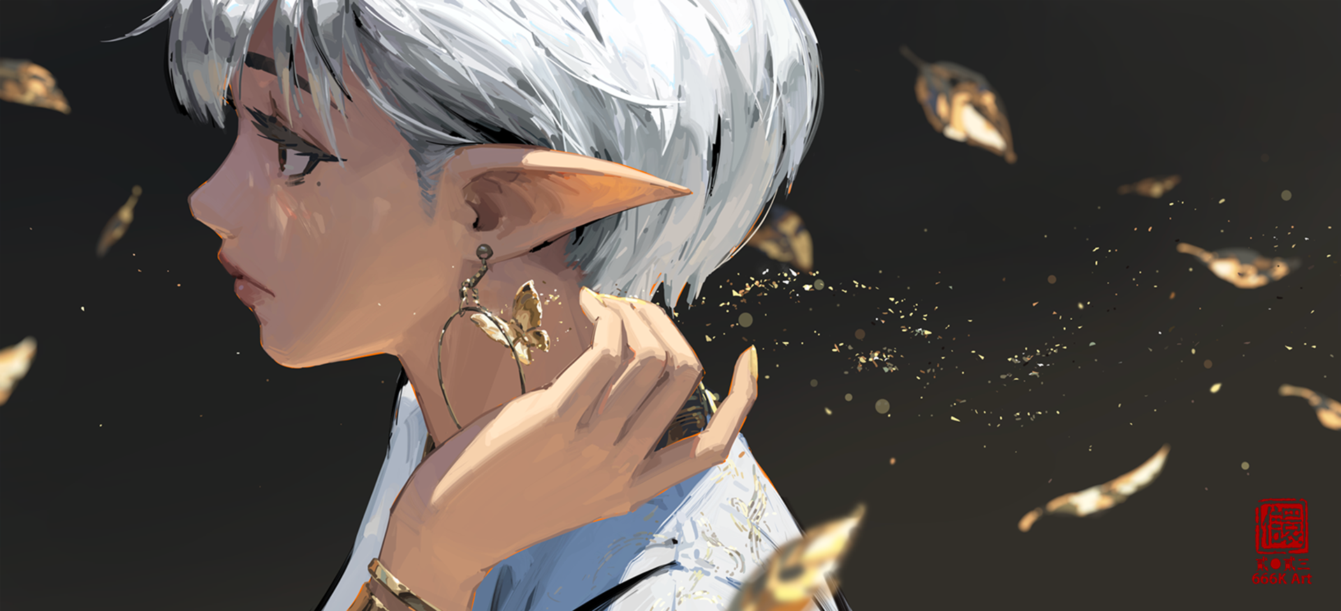 kan liu (666k), original, highres, 1girl, bracelet, bug, butterfly, butterfly ornament, earrings, floating, from side, insect, jewelry, leaf, lips, mole, mole under eye, pointy ears, scenery, shirt, short hair, simple background, solo, white hair, white shirt