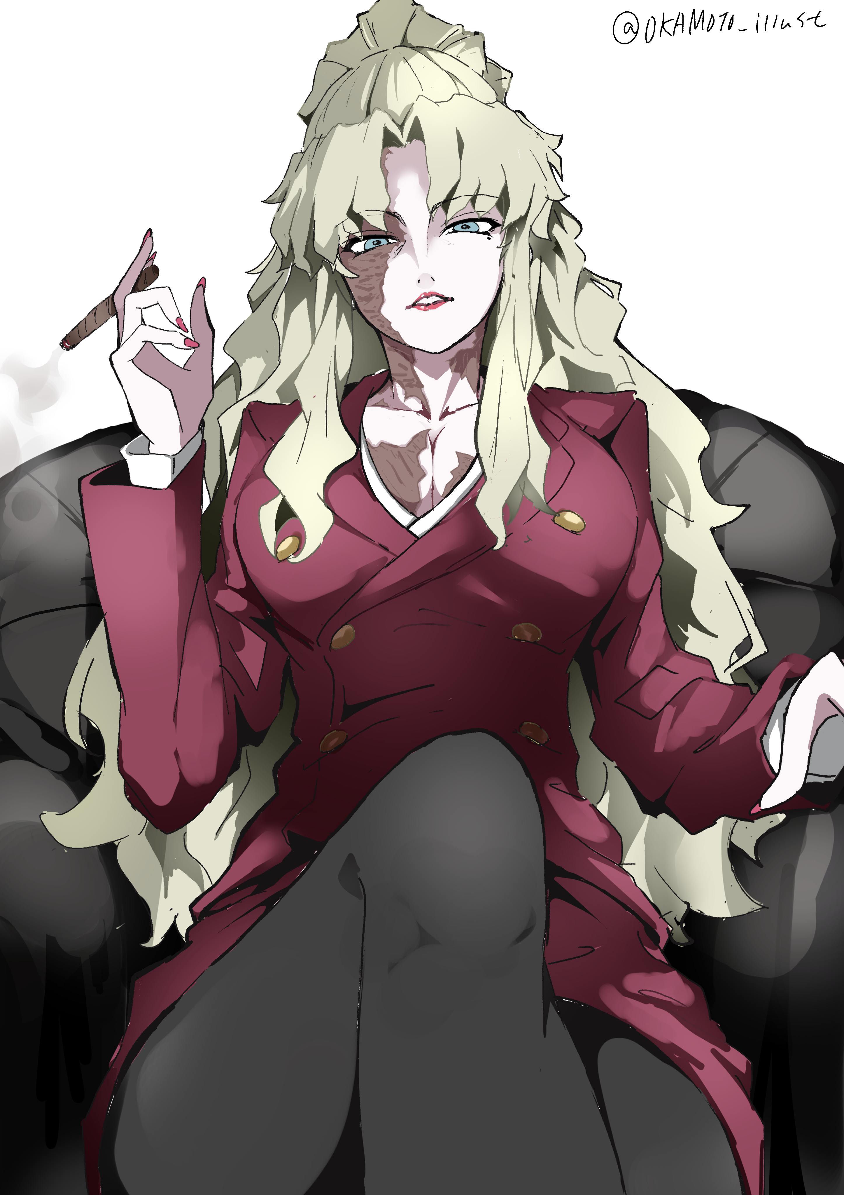 white gorilla (okamoto), balalaika (black lagoon), black lagoon, absurdres, commentary, highres, 1girl, black pantyhose, blonde hair, blue eyes, breasts, buttons, cigarette, cleavage, cowboy shot, crossed legs, double-breasted, dress, feet out of frame, holding, holding cigarette, large breasts, long hair, long sleeves, looking at viewer, nail polish, pantyhose, parted bangs, parted lips, red dress, red nails, simple background, sitting, solo