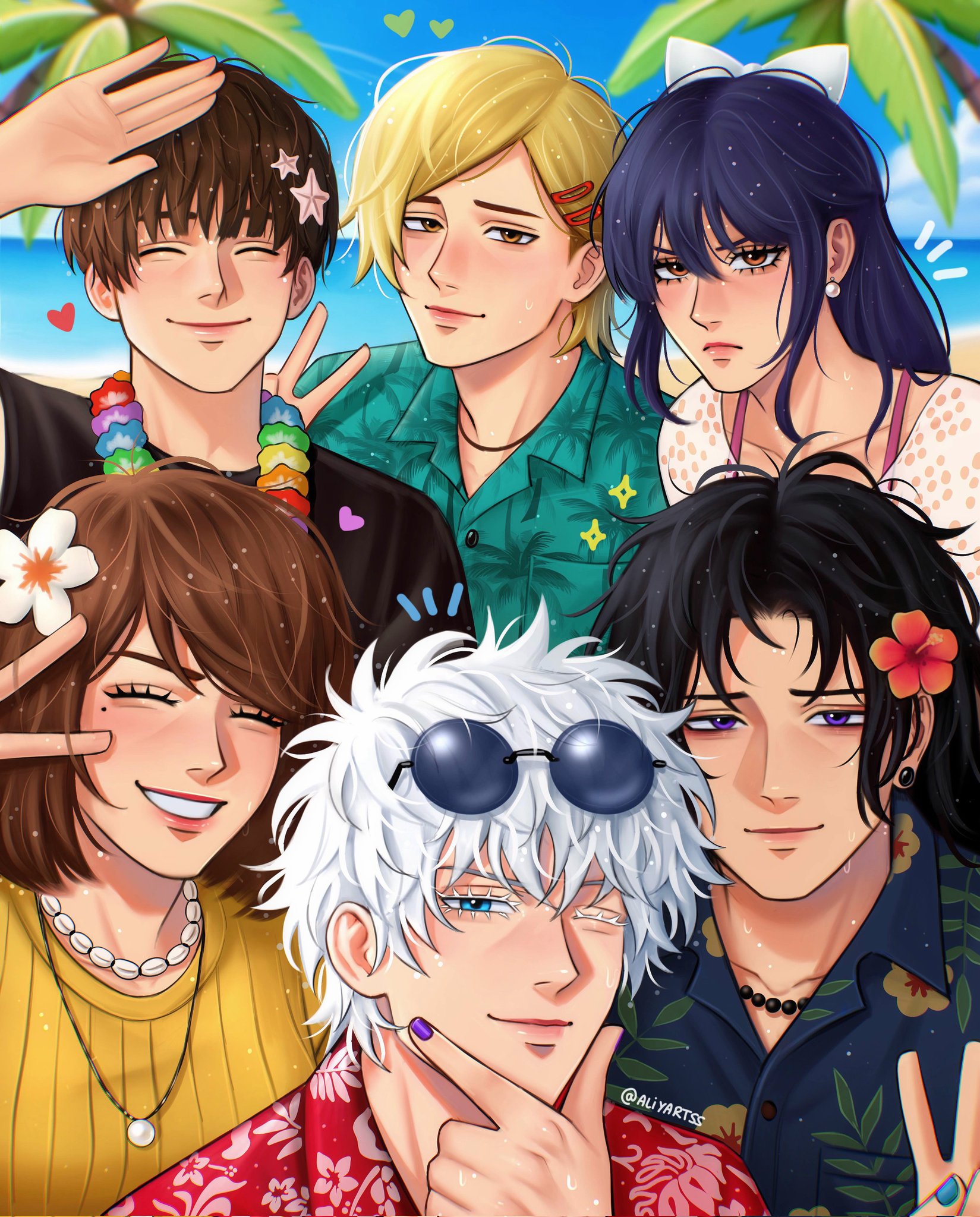 aliyartss, getou suguru, gojou satoru, haibara yu, ieiri shoko, iori utahime, nanami kento, jujutsu kaisen, highres, 2girls, 4boys, aged down, beach, bead necklace, beads, black hair, blonde hair, bow, brown hair, closed eyes, eyelashes, eyewear on head, flower, flower necklace, grin, group picture, hair flower, hair ornament, hawaiian shirt, jewelry, lei, light blush, long hair, medium hair, multiple boys, multiple girls, necklace, ocean, open mouth, orange eyes, palm tree, pisces (symbol), purple eyes, round eyewear, salute, screaming, shirt, short hair, shoulder tattoo, smile, sparkle, starfish hair ornament, sunglasses, tattoo, teeth, tree, upper body, vacation, white bow, white hair