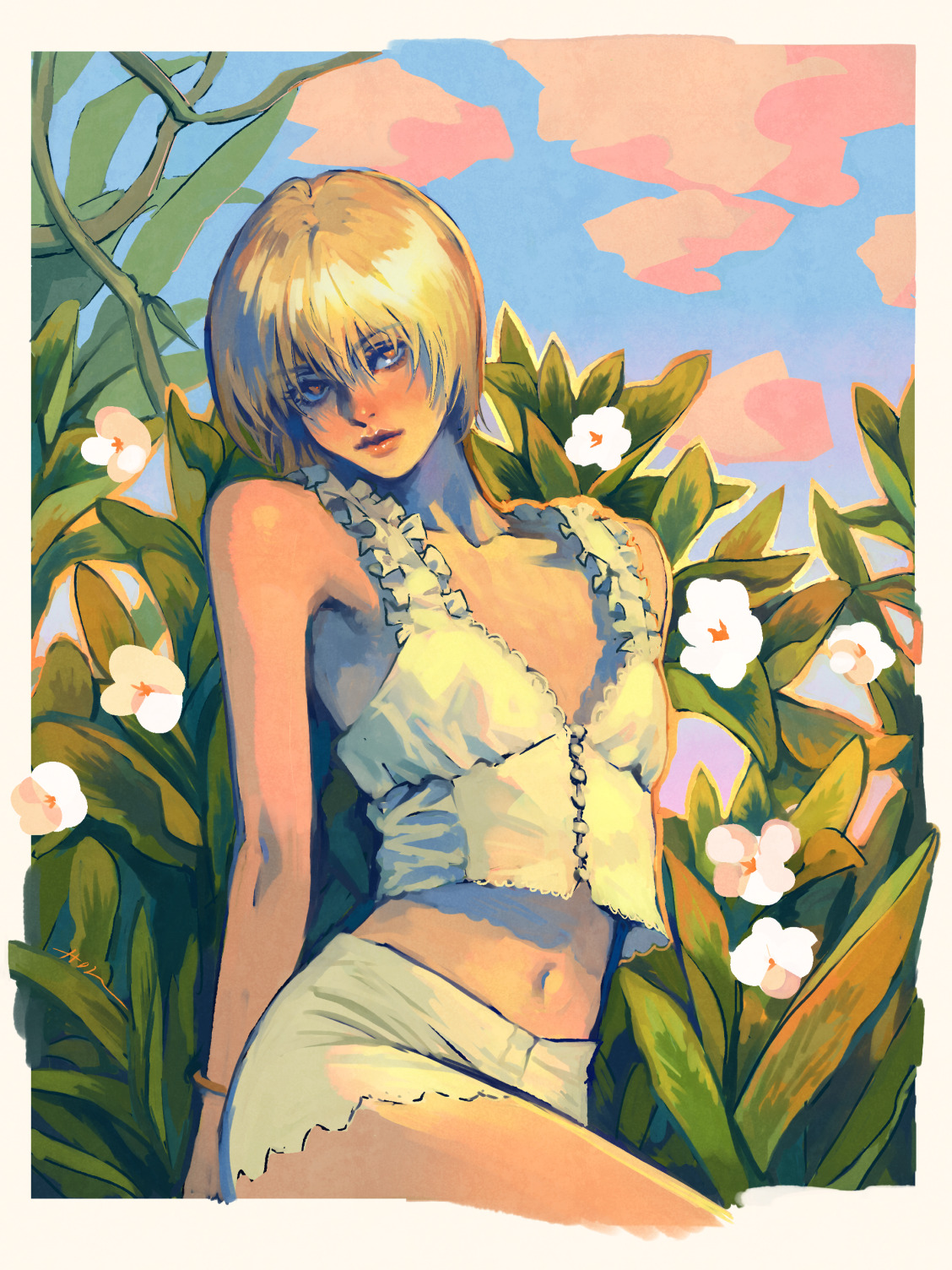 huangdanlan, kurapika, hunter x hunter, highres, 1boy, blonde hair, border, closed mouth, collarbone, crossdressing, crossdressing (mtf), flower, looking at viewer, male focus, midriff, navel, orange eyes, outdoors, shirt, short hair, shorts, solo, trap, white border, white flower, white shirt, white shorts