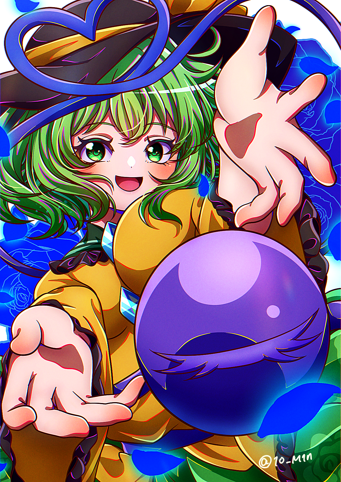 komeiji koishi, touhou, commentary request, highres, 1girl, :d, black hat, blue flower, blue rose, blush, breasts, buttons, colored eyelashes, diamond button, dutch angle, eyelashes, falling petals, film grain, floral print, floral print skirt, flower, foreshortening, frilled shirt collar, frilled sleeves, frills, green eyes, green hair, green skirt, hair between eyes, happy, hat, heart, heart of string, large breasts, long sleeves, looking at viewer, medium hair, open mouth, outstretched arms, outstretched hand, petals, print skirt, rose, rose print, simple background, skirt, smile, solo, sun hat, thigh strap, third eye, tsumutsumugi, twitter username, white background, wide sleeves