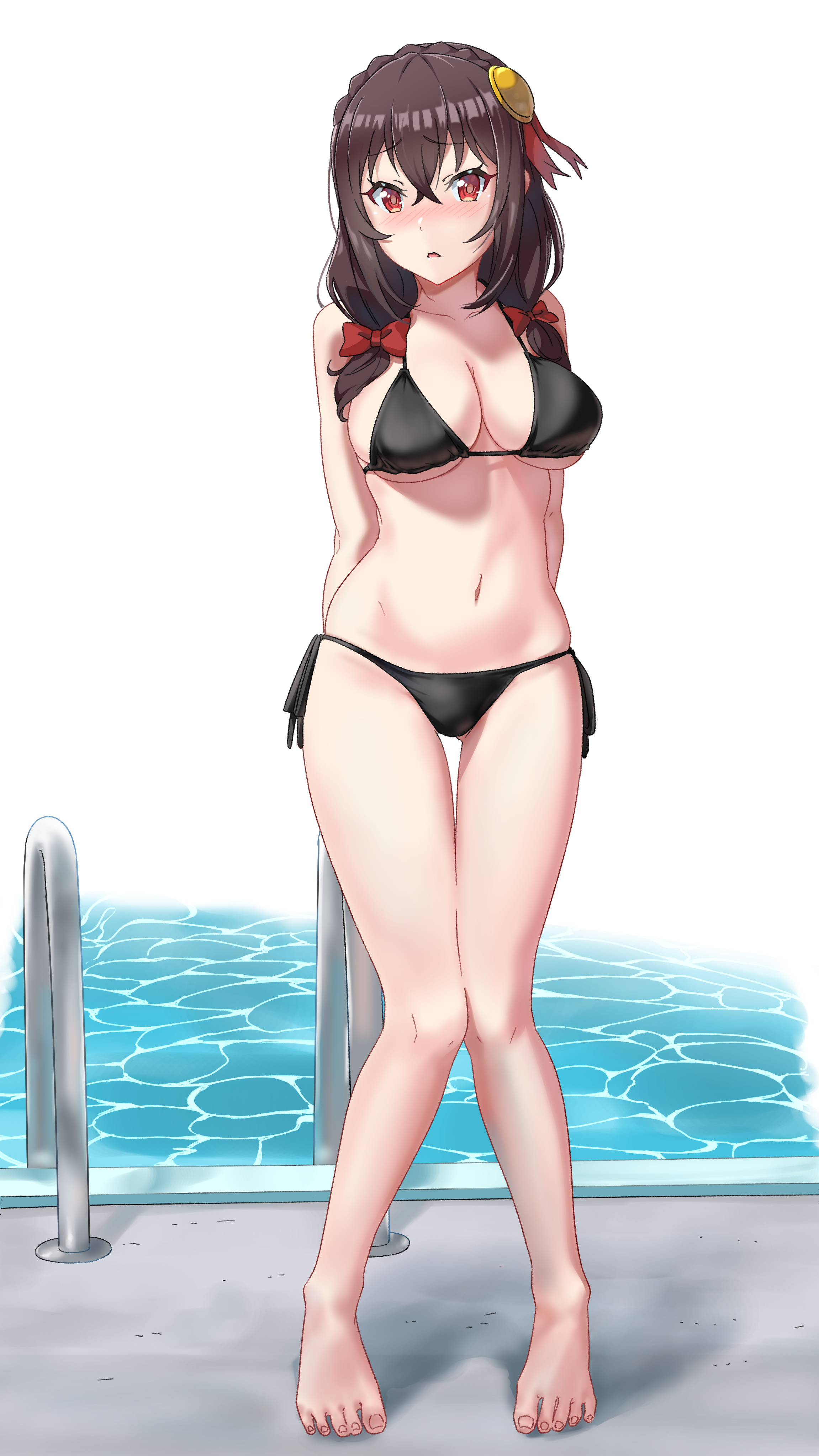 miyagi yuki, yunyun (konosuba), kono subarashii sekai ni shukufuku wo!, absurdres, commentary request, highres, 1girl, alternate costume, arms behind back, barefoot, bikini, black bikini, blush, bow, braid, breasts, cleavage, collarbone, crown braid, feet, full body, hair bow, hair ornament, knees together feet apart, long hair, looking at viewer, low twintails, medium breasts, navel, necktie, open mouth, pink necktie, pool, pool ladder, poolside, red bow, red eyes, side-tie bikini bottom, simple background, solo, standing, swimsuit, thigh gap, thighs, toes, twintails, water, white background