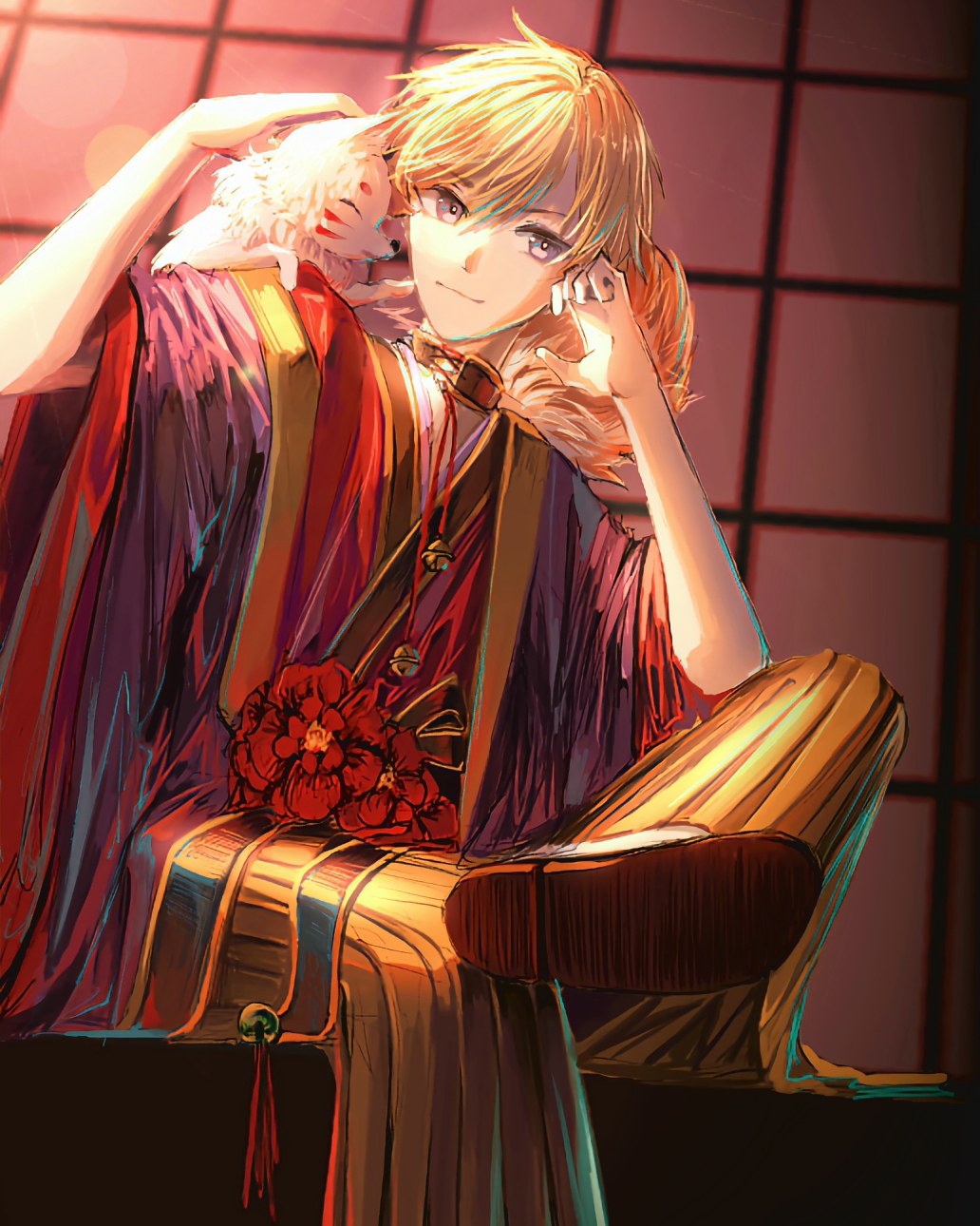 nikki (series), shining nikki, highres, 1boy, animal, animal on shoulder, baby animal, belt, belt buckle, black belt, black jacket, black kimono, blonde hair, bright pupils, buckle, closed mouth, foot out of frame, grey eyes, hair between eyes, hakama, hakama pants, hand on own face, haori, jacket, japanese clothes, kimono, leg up, light rays, loen (shining nikki), looking at viewer, male focus, outdoors, pants, petting, short hair, short kimono, shouji, sliding doors, smile, solo, subarwu u, tsurime, veranda, white pupils, yellow hakama