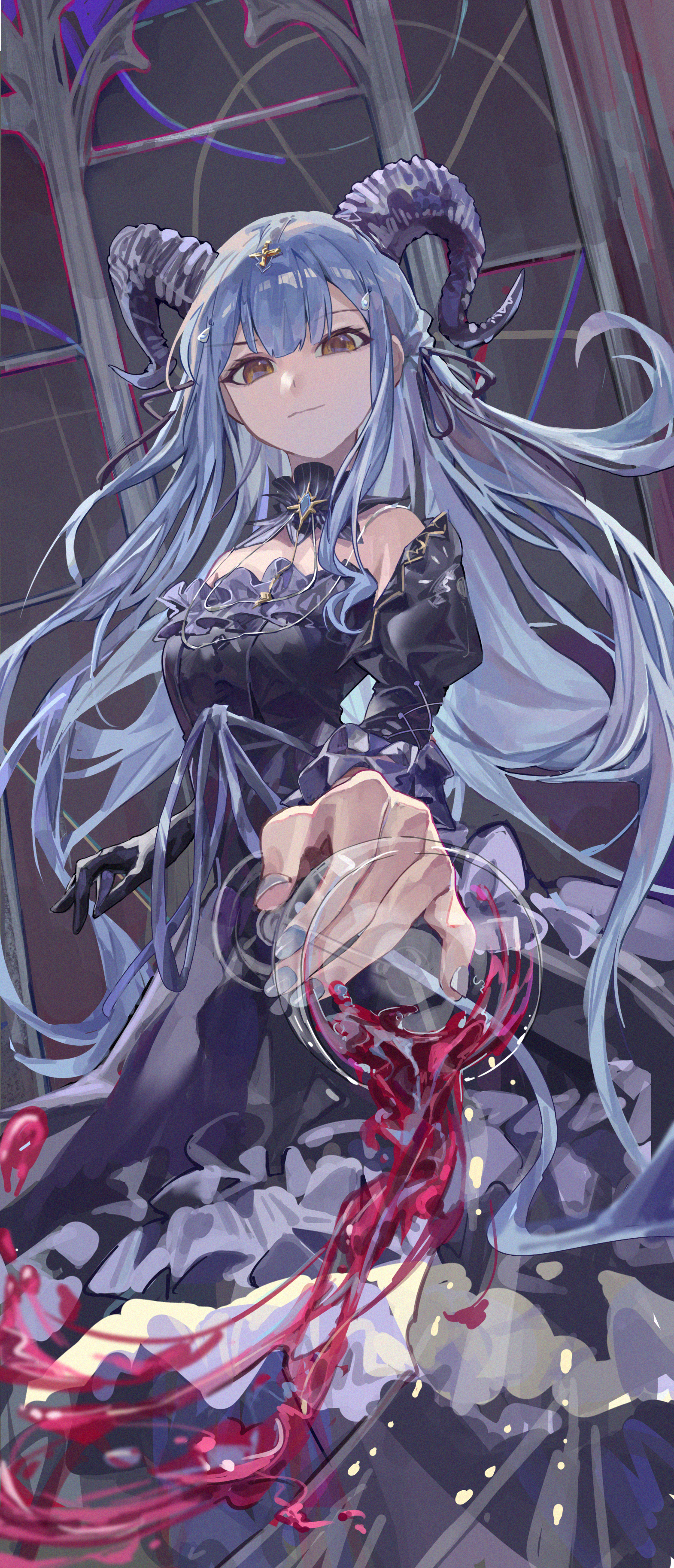 blacky1266859, togawa sakiko, arknights, bang dream!, bang dream! it's mygo!!!!!, absurdres, commentary, highres, 1girl, alcohol, black dress, black gloves, black ribbon, blue hair, brown eyes, cup, dress, drinking glass, gloves, hair ribbon, holding, holding cup, horns, long hair, ribbon, sidelocks, single glove, solo, spilling, togawa sakiko (master of melodia), wine, wine glass