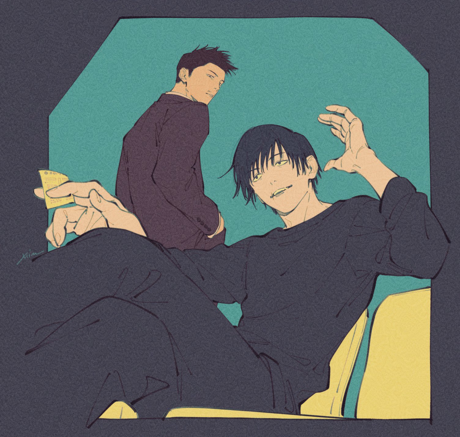 mim (mimya0600), fushiguro touji, shiu kong, jujutsu kaisen, highres, 1boy, 2boys, black hair, black pants, black shirt, black sweater, male focus, multiple boys, pants, scar on lip, shirt, short hair, sitting, solo, sweater