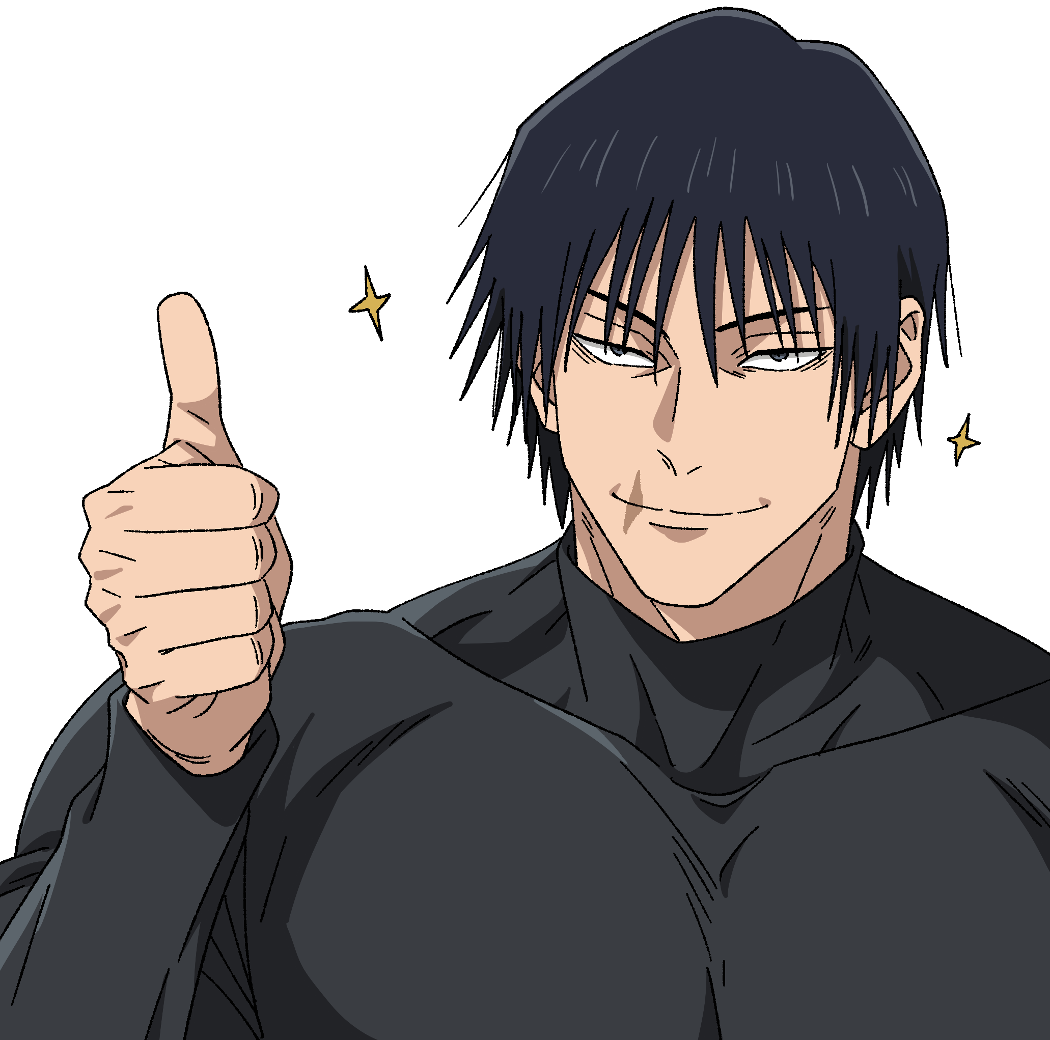 fushiguro touji, jujutsu kaisen, highres, 1boy, black hair, collarbone, male focus, muscular, muscular male, scar on lip, short hair, simple background, solo, sparkle, thumbs up, tight clothes, v0idzenin, white background