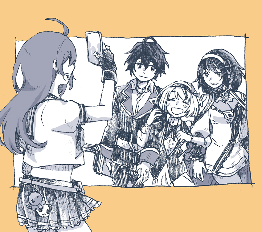 michibata 65, aldo (another eden), foran (another eden), mana (another eden), another eden, commentary request, 1boy, 3girls, :d, ^ ^, ahoge, arm up, blazer, blush, border, braid, breasts, cape, cellphone, charm (object), cleavage, closed eyes, closed mouth, collared shirt, cowboy shot, cropped shirt, double-parted bangs, dress, fingerless gloves, flower, gloves, greyscale with colored background, hair between eyes, hair flower, hair ornament, hairband, hatching (texture), hisumena (another eden), holding, holding phone, jacket, jewelry, lapels, light smile, linear hatching, locked arms, long hair, long sleeves, looking at another, medium breasts, medium hair, midriff, miniskirt, multiple girls, neck ribbon, necklace, notched lapels, open mouth, orange border, outside border, pants, phone, pleated skirt, ribbon, sailor collar, school uniform, serafuku, shirt, short dress, short hair, short sleeves, simple background, skirt, smartphone, smile, standing, swept bangs, taking picture, white background