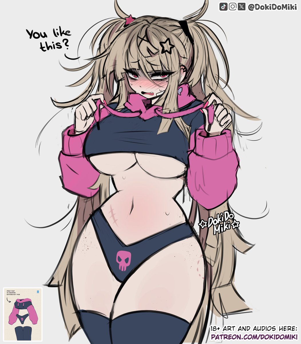 dokidomiki, miki (dokidomiki), original, commentary, english commentary, highres, 1girl, artist name, bite mark, bite mark on leg, bite mark on thigh, black hoodie, black panties, black thighhighs, blonde hair, blush, body freckles, breasts, cowboy shot, cropped hoodie, curvy, drawstring, drawstring pull, english text, freckles, gauze, gauze on cheek, gauze on face, hair between eyes, hair ornament, hands up, hood, hoodie, large breasts, long hair, long sleeves, looking at viewer, messy hair, mole, mole under eye, navel, open mouth, paggi outfit, panties, patreon username, photo inset, pink eyes, pink hoodie, raised inner eyebrows, reference inset, scar, scar on stomach, simple background, sketch, skull print, solo, star (symbol), star hair ornament, stomach, sweat, talking, thick thighs, thigh freckles, thighhighs, thighs, tiktok logo, twitter x logo, two-tone hoodie, underboob, underwear, uneven bangs, very long hair, white background