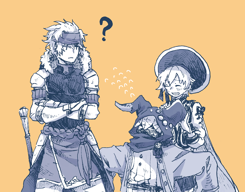 michibata 65, benedict (another eden), philo (another eden), poporo (another eden), another eden, commentary request, > <, 1other, 2boys, ?, animal ear hood, armor, behind another, belt, blush, cape, closed eyes, closed mouth, cowboy shot, crossed arms, detached hood, fake animal ears, flying sweatdrops, fur-trimmed hood, fur trim, gauntlets, greyscale with colored background, hair between eyes, hat, hatching (texture), headband, hood, hood down, hood up, jacket, linear hatching, long sleeves, looking at another, looking to the side, multiple boys, open clothes, open jacket, open mouth, orange background, outstretched arms, patchwork clothes, pauldrons, raised inner eyebrows, shirt, short hair, shoulder armor, simple background, skirt, sleeves past fingers, sleeves past wrists, spread arms, standing, turning head