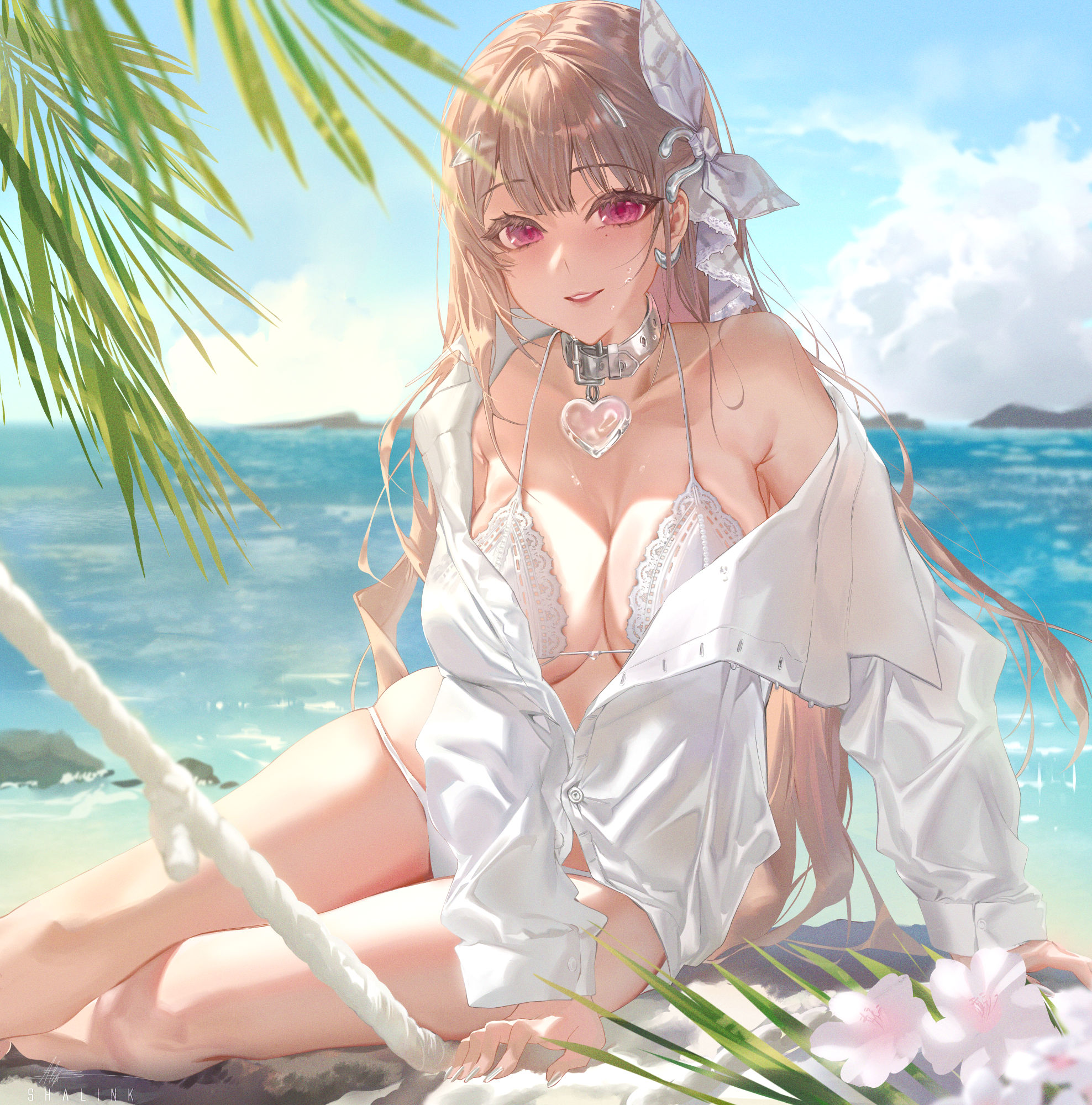 shalink, viper (nikke), viper (shine of love) (nikke), goddess of victory: nikke, highres, 1girl, animal collar, arm support, armpit crease, bare legs, beach, bikini, blonde hair, breasts, collar, collarbone, halterneck, lace, lace-trimmed bikini, lace trim, large breasts, long hair, looking at viewer, mole, mole under eye, official alternate costume, outdoors, palm leaf, red eyes, shirt, sitting, solo, straight hair, string bikini, swimsuit, very long hair, white bikini, white shirt, yokozuwari