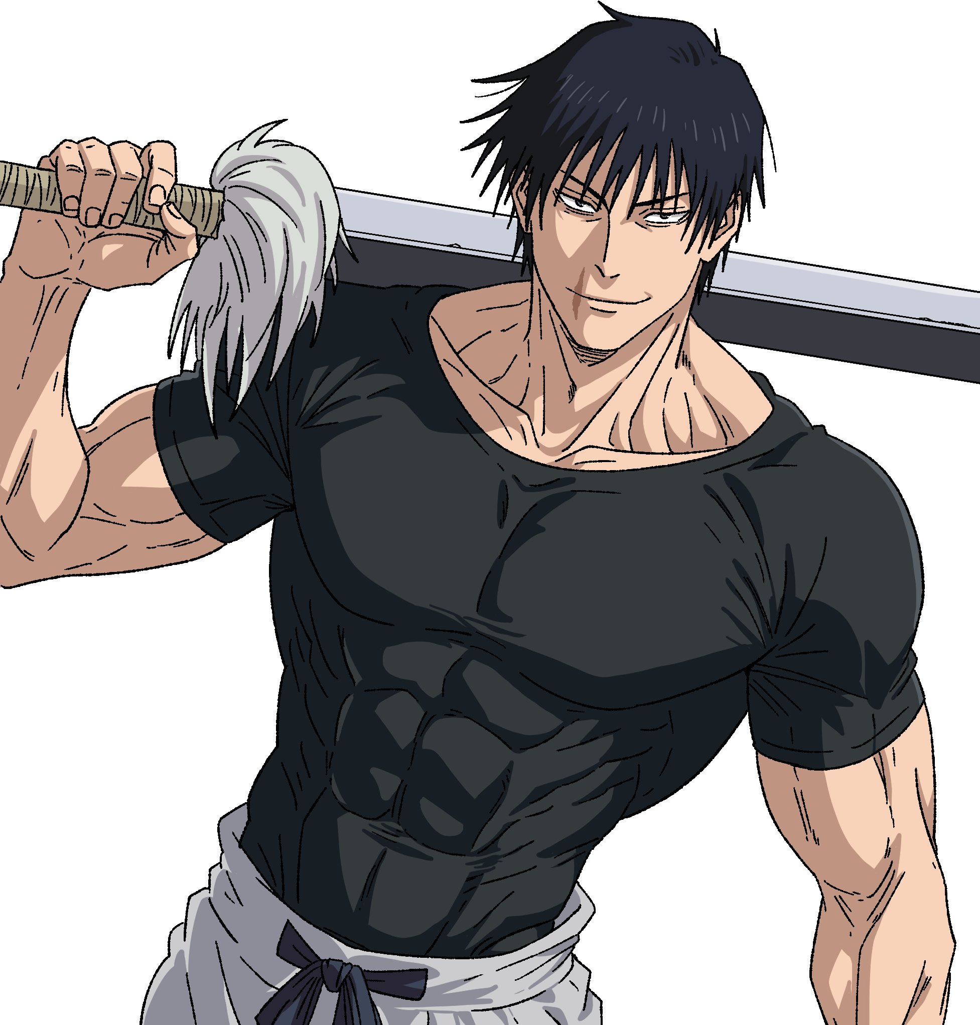 fushiguro touji, jujutsu kaisen, highres, 1boy, black hair, collarbone, covered abs, fur-trimmed sword, large pectorals, male focus, muscular, muscular male, pectorals, scar on lip, shirt, short hair, simple background, smile, solo, split soul katana (jujutsu kaisen), tight clothes, tight shirt, upper body, v0idzenin, white background