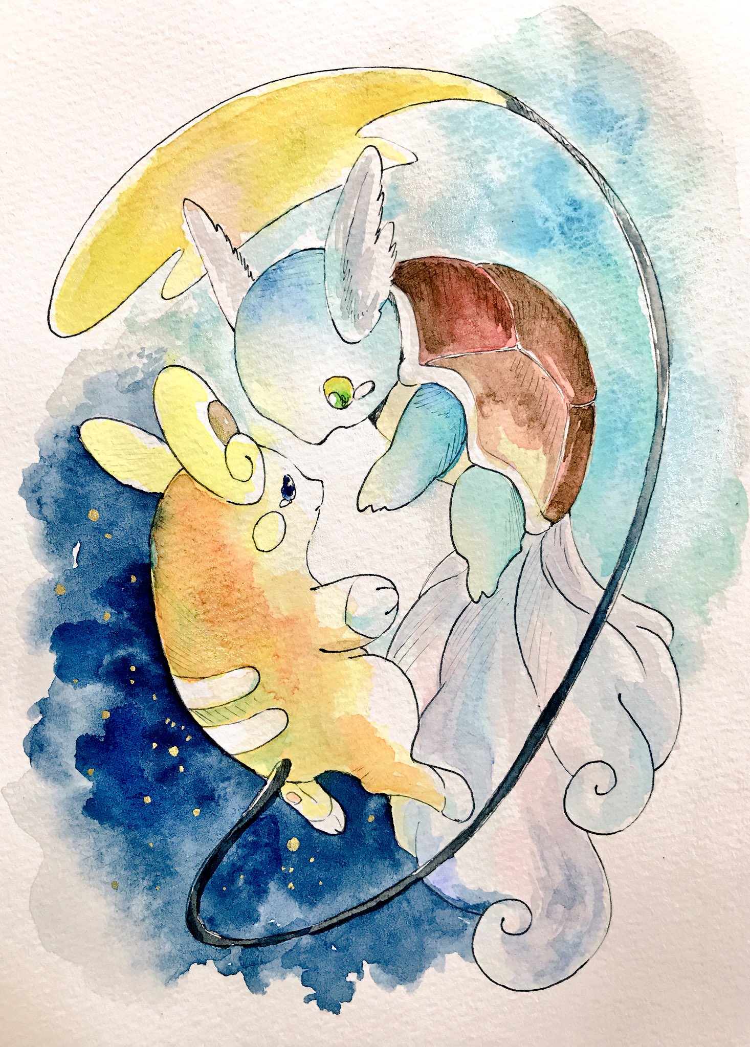 mint nappa, alolan raichu, wartortle, nintendo, pokemon, highres, painting (medium), traditional media, watercolor (medium), alolan form, floating, full body, gen 1 pokemon, gen 7 pokemon, green eyes, looking at another, no humans, open mouth, paper texture, pokemon (creature), tears