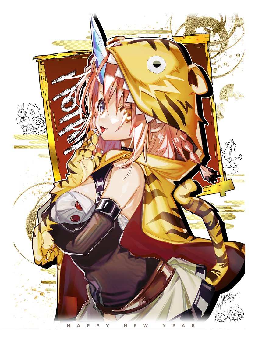 narita imomushi, original, character request, commentary request, 3girls, 4boys, animal hands, animal hood, artist self-insert, astra ludger doomsday, black shirt, black sleeves, blue eyes, braid, breasts, cape, chibi, chibi inset, chinese zodiac, creator connection, cropped legs, crystal, crystal horns, detached sleeves, english text, fake claws, fang, gloves, hand up, happy new year, heterochromia, hood, hood up, hooded cape, horns, imomushi-chan, it's my life (narita imomushi), killing me/killing you, looking at viewer, medium breasts, medium hair, meteor (killing me/killing you), miniskirt, multiple boys, multiple girls, new year, noah o antikythira, open mouth, orange eyes, paw gloves, pink hair, shirt, signature, single horn, skirt, sleeveless, sleeveless shirt, smile, solo focus, standing, tiger hood, tongue, tongue out, white skirt, yaboyou, year of the tiger, yellow cape, yellow gloves, youthanasia (killing me/killing you)