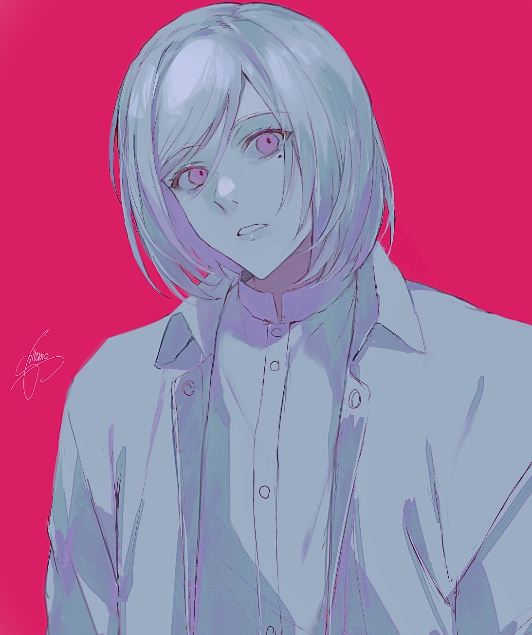 shiromo ooo, cutthroat (akudama drive), akudama drive, commentary request, highres, 1boy, dress shirt, facing viewer, hair between eyes, looking at viewer, mole, mole under eye, parted bangs, parted lips, pink background, pink eyes, shirt, short hair, signature, simple background, solo, teeth, upper body, white hair, white shirt