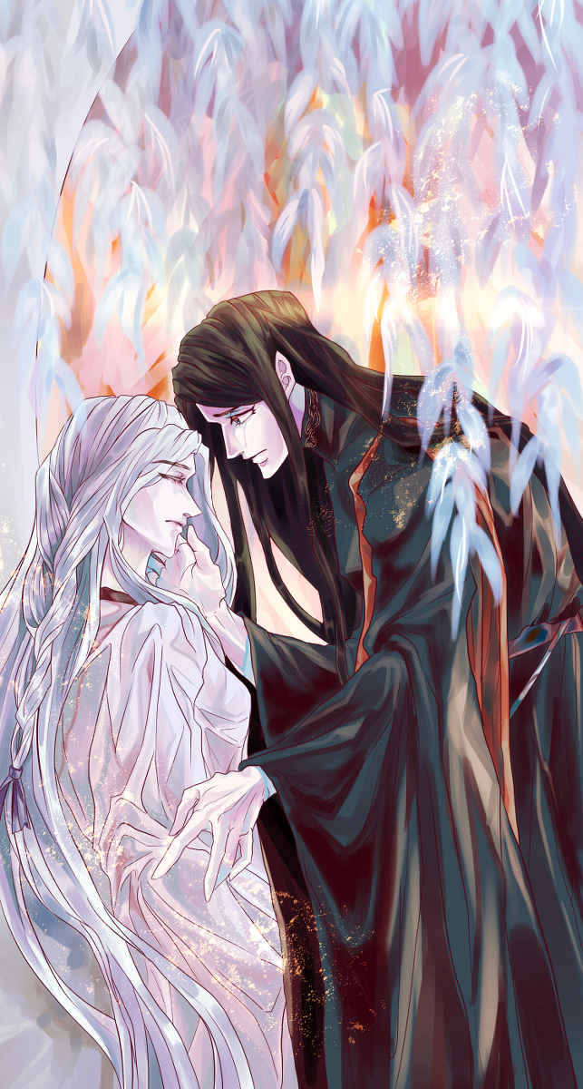 arfeiniel, finwe, miriel (silmarillion), the silmarillion, tolkien's legendarium, 1boy, 1girl, black hair, black robe, closed eyes, crying, elf, eyelashes, grey hair, hand on another's face, husband and wife, leaning forward, long hair, long sleeves, looking at another, pointy ears, profile, robe, white robe