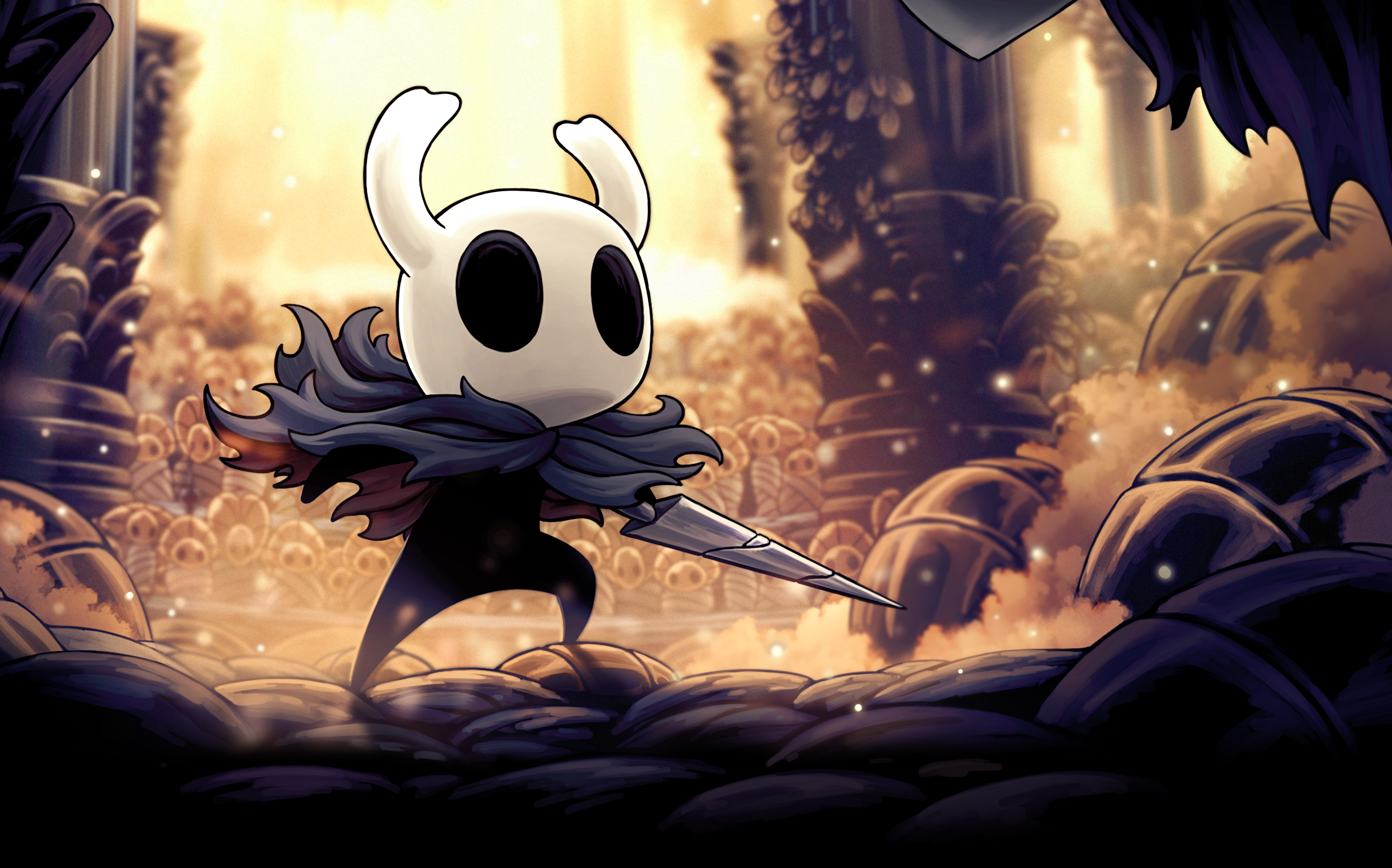 knight (hollow knight), hollow knight, highres, official art, promotional art, 1other, arena, ari gibson, audience, blank eyes, bug, cloak, colored smoke, damaged, empty eyes, floating cape, grey cloak, holding, holding weapon, hollow eyes, horned mask, light particles, mask, nail (hollow knight), old nail (hollow knight), over shoulder, people, shadow, shell, smoke, solid oval eyes, solo focus, standing, weapon, weapon over shoulder, white mask