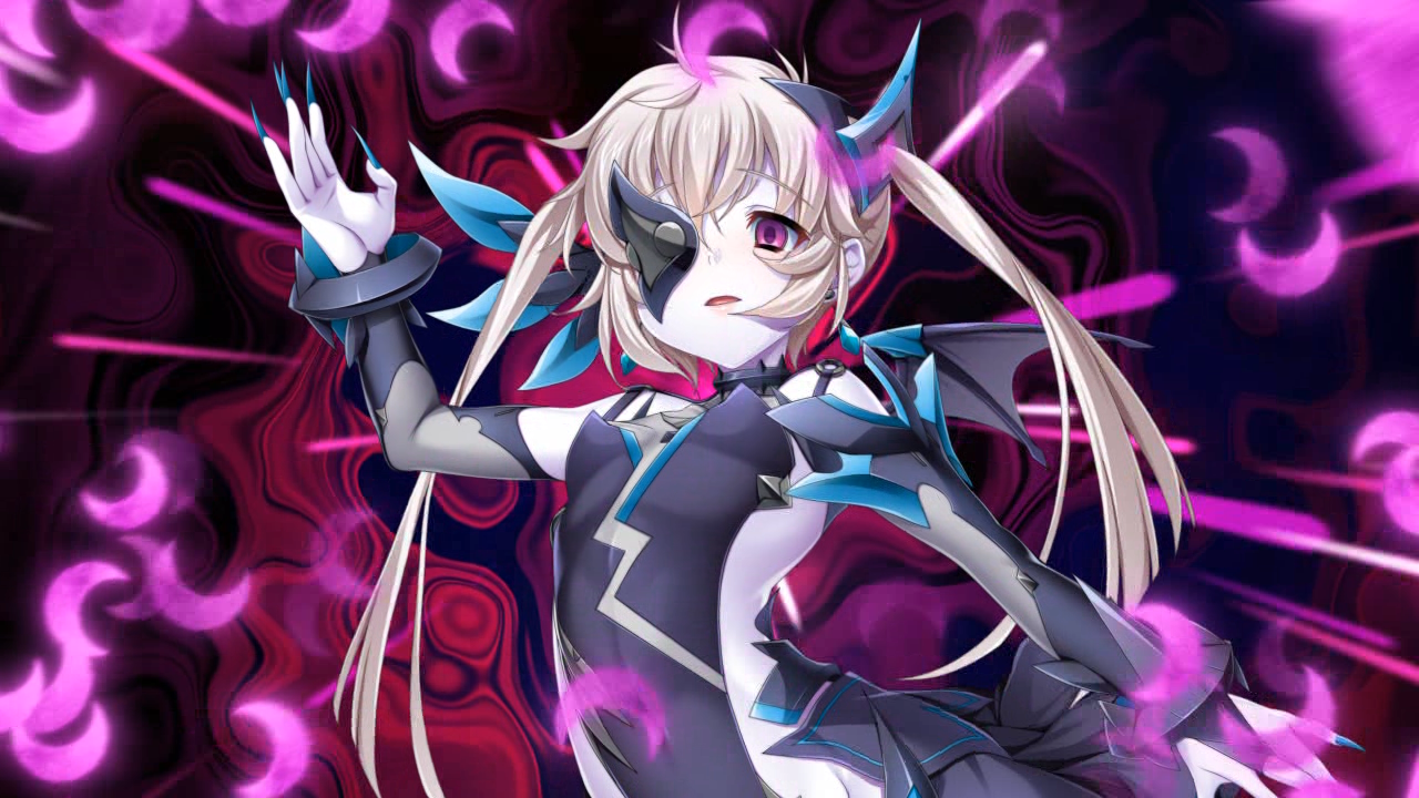 kamitsurugi ouka, sugahara touka, kouyoku senki exs-tia concert, game cg, non-web source, official art, 1girl, black hairband, black sleeves, blonde hair, blue nails, breasts, clothing cutout, corruption, covered erect nipples, dark exs-tia cocytus, dark persona, detached sleeves, eyepatch, fingernails, floating hair, hairband, horns, long fingernails, long hair, looking at viewer, mask, nail polish, open mouth, pale skin, purple eyes, red eyes, sharp fingernails, side cutout, small breasts, smile, solo, twintails, upper body, very long hair, wings