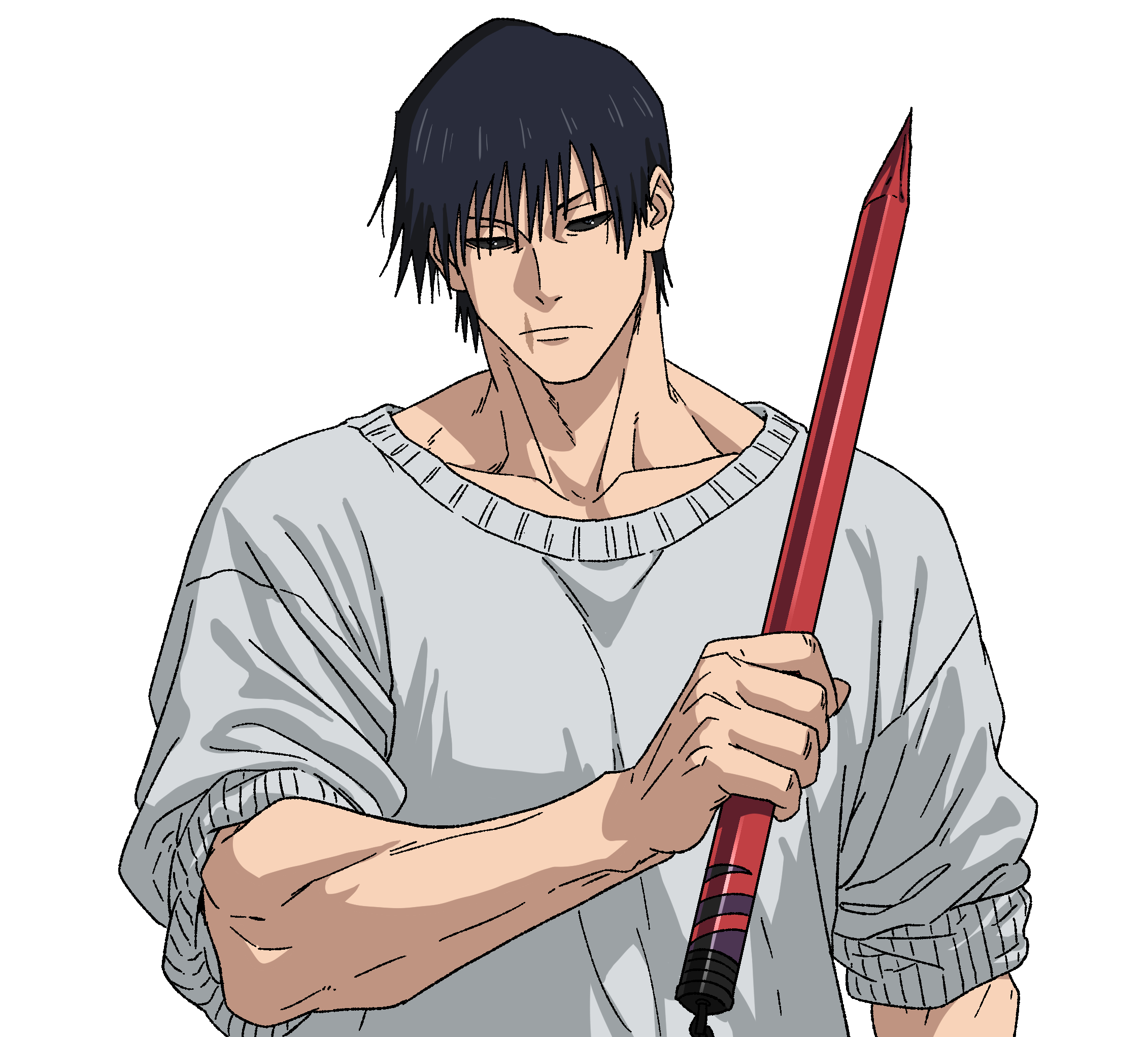 fushiguro touji, jujutsu kaisen, highres, 1boy, black eyes, black hair, black sclera, broad shoulders, closed mouth, collarbone, colored sclera, male focus, muscular, muscular male, scar on lip, short hair, simple background, solo, sweater, upper body, v0idzenin, white background, white sweater