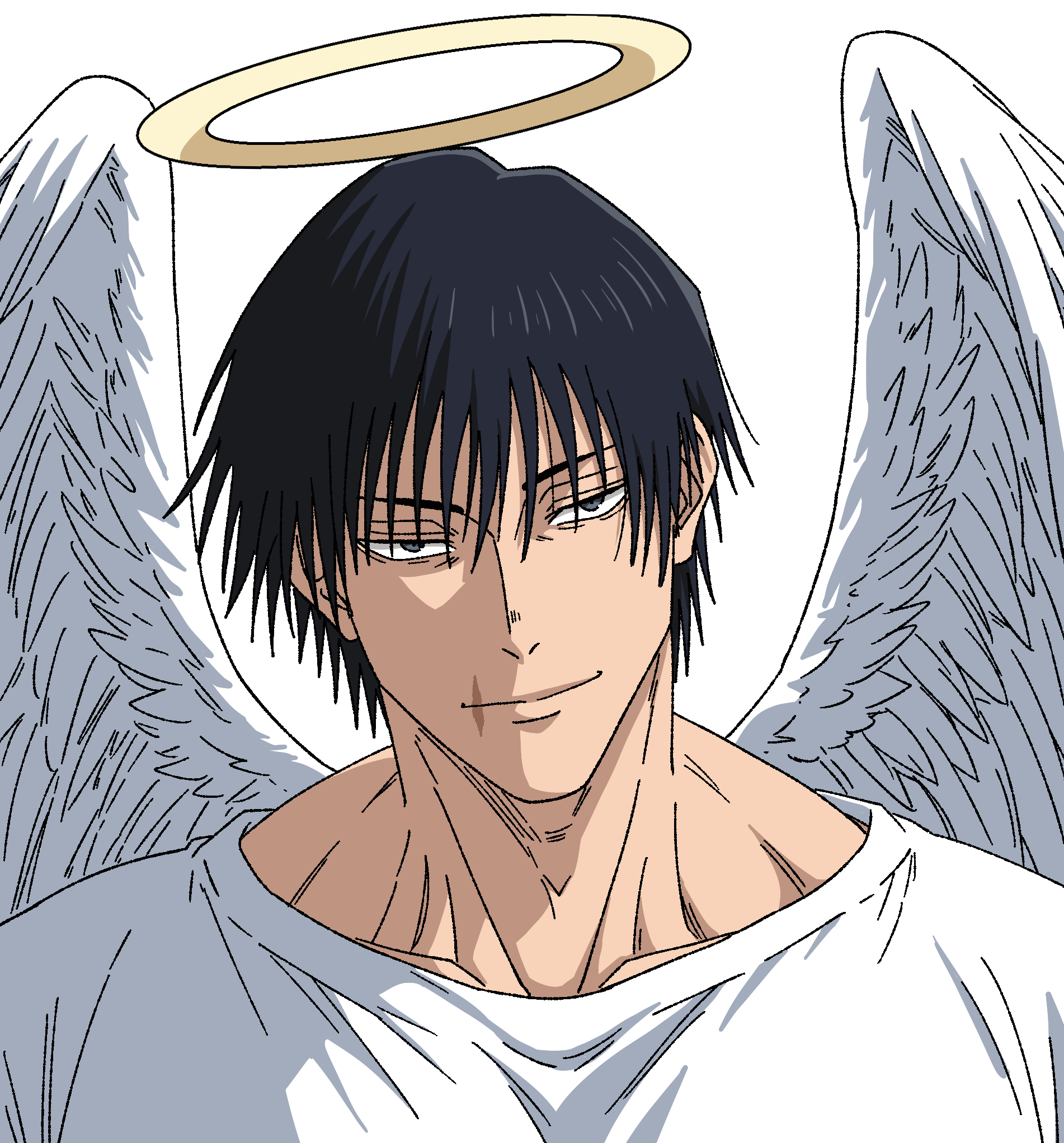 fushiguro touji, jujutsu kaisen, highres, 1boy, angel, angel wings, black hair, halo, light smile, male focus, scar on lip, short hair, simple background, solo, upper body, v0idzenin, white background, wings