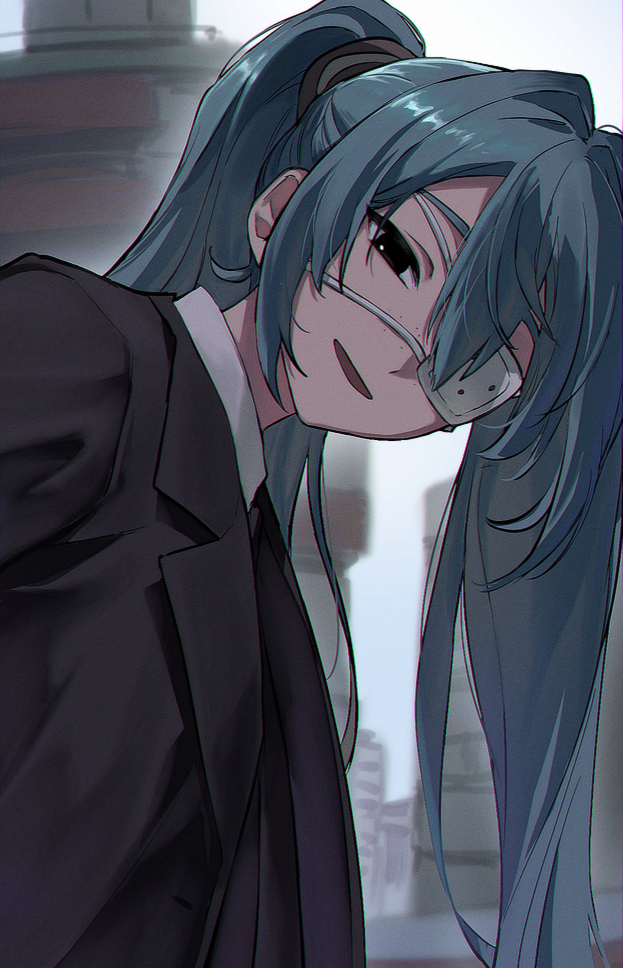 hatsune miku, monitoring (vocaloid), vocaloid, commentary request, highres, korean commentary, 1girl, aqua hair, black eyes, black jacket, collared shirt, eyepatch, freckles, hair intakes, jacket, long hair, looking at viewer, medical eyepatch, meongyo, open mouth, outdoors, shirt, smile, solo, twintails, upper body, white shirt