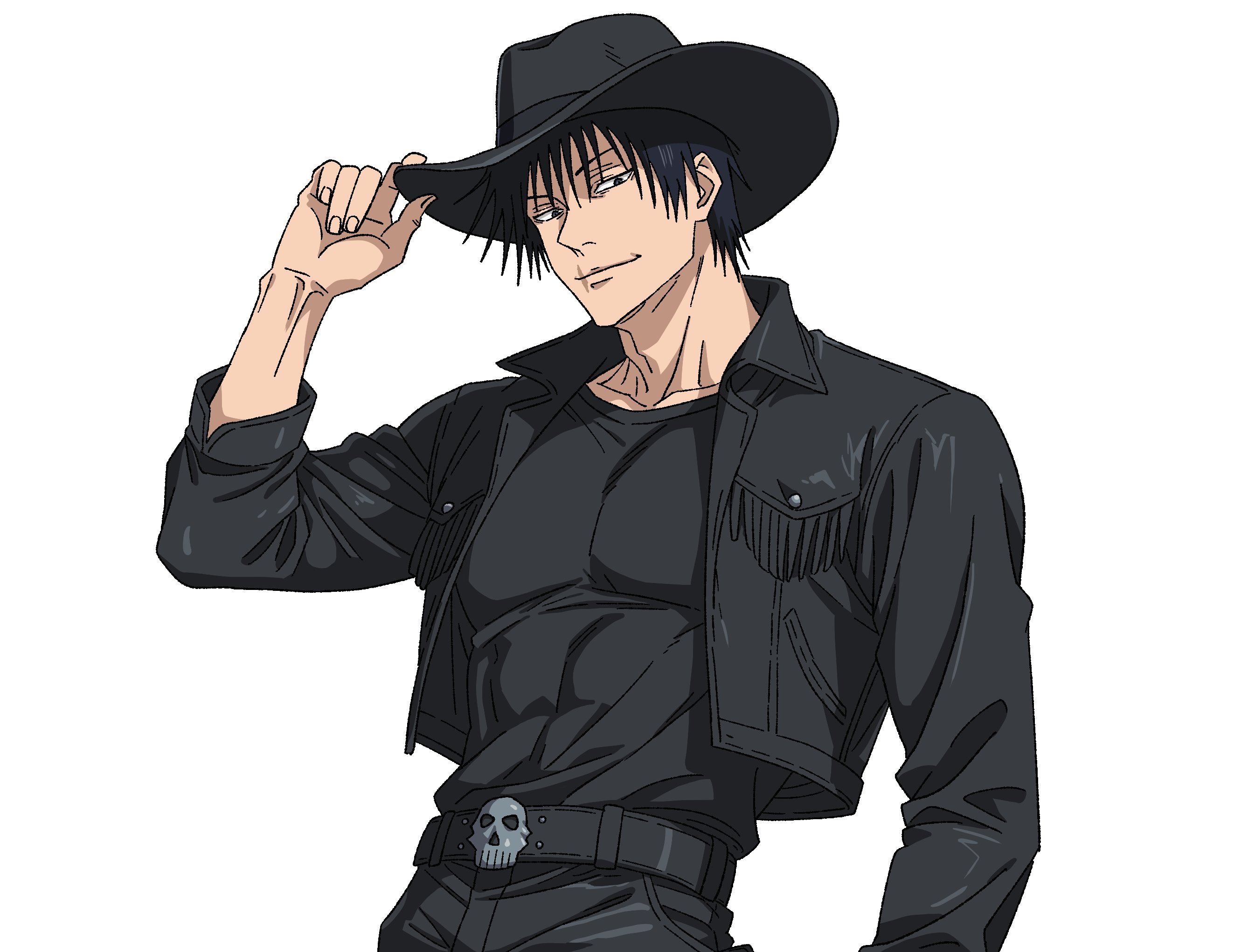 fushiguro touji, jujutsu kaisen, highres, 1boy, adjusting clothes, adjusting headwear, alternate costume, black hair, black hat, black jacket, black shirt, covered abs, cowboy hat, cowboy shot, hat, jacket, large pectorals, male focus, muscular, muscular male, pectorals, scar on lip, shirt, short hair, simple background, skull belt, solo, tight clothes, v0idzenin, white background