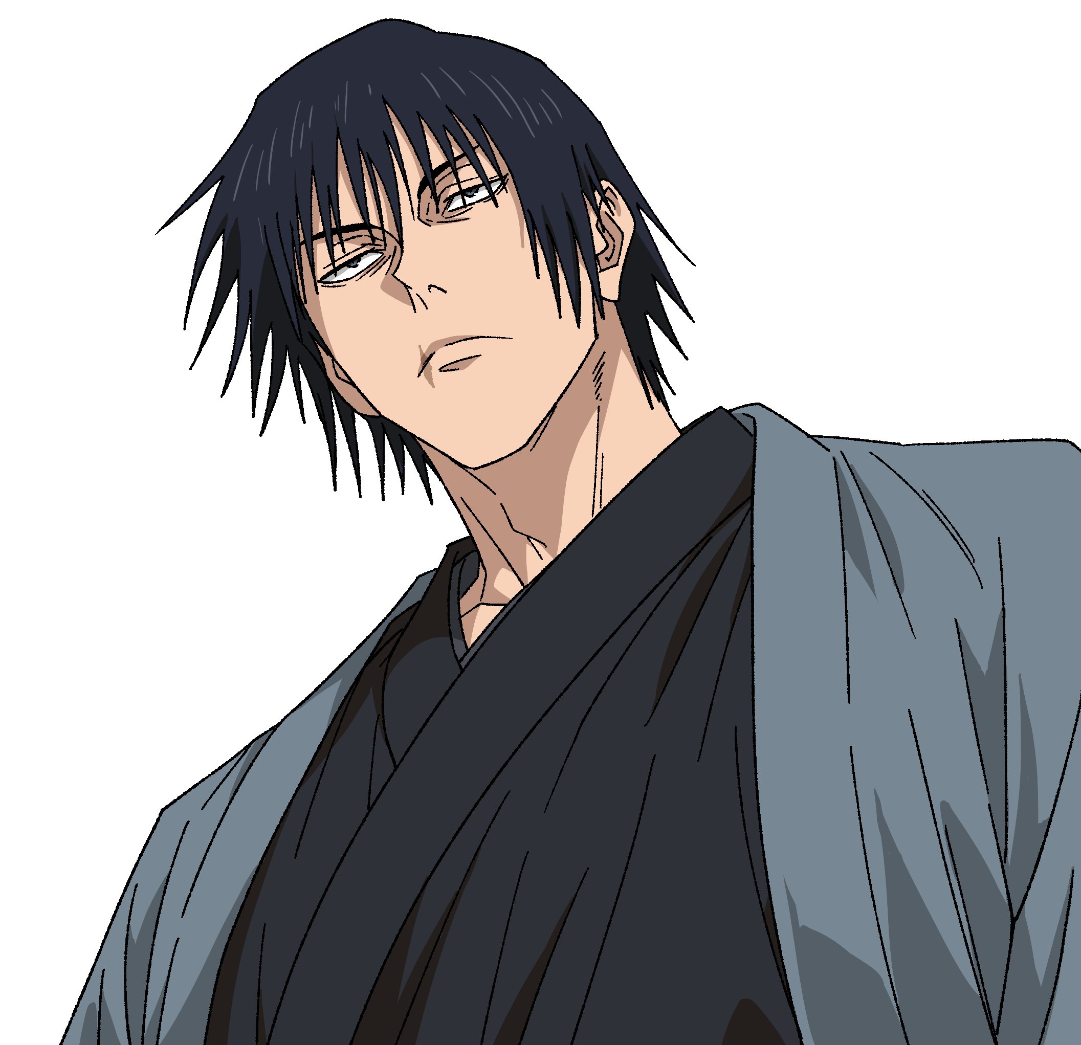 fushiguro touji, jujutsu kaisen, highres, 1boy, black hair, black kimono, grey eyes, japanese clothes, kimono, male focus, muscular, muscular male, portrait, scar on lip, short hair, simple background, solo, v0idzenin, white background