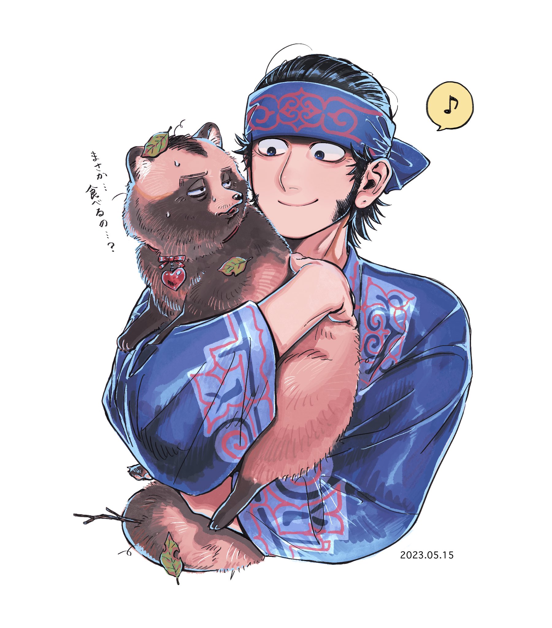 kirawus (golden kamuy), golden kamuy, commentary request, highres, translation request, 1boy, animal, black hair, blue headband, blue shirt, dated, gyoniku775, headband, holding, holding animal, japanese clothes, leaf, long sideburns, male focus, musical note, shirt, short hair, sideburns, simple background, smile, solo, spoken musical note, tanuki, white background