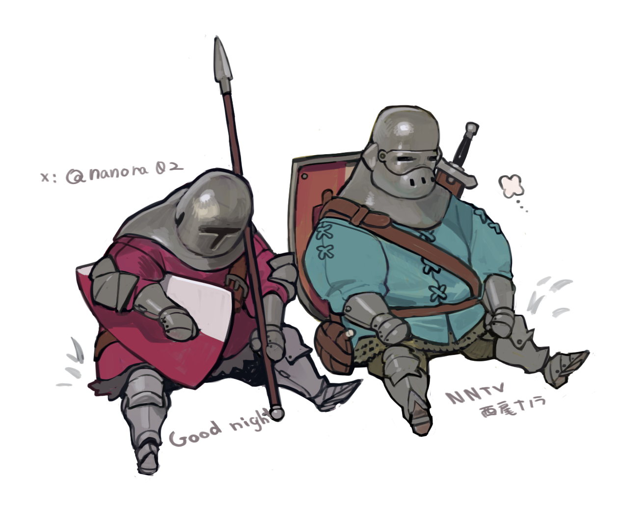 nanora, original, commentary request, 2others, ambiguous gender, armored boots, artist name, belt, blue jacket, boots, brown belt, canteen, carrying, carrying under arm, couter, english text, fat, full body, gauntlets, gorget, green pants, grey skirt, head down, helm, helmet, holding, holding polearm, holding weapon, jacket, long sleeves, multiple others, other focus, pants, polearm, poleyn, red jacket, scabbard, sheath, shield, shield on back, shoulder belt, side-by-side, simple background, sitting, skirt, spear, spread legs, sword, sword on back, twitter username, weapon, weapon on back, white background, writing