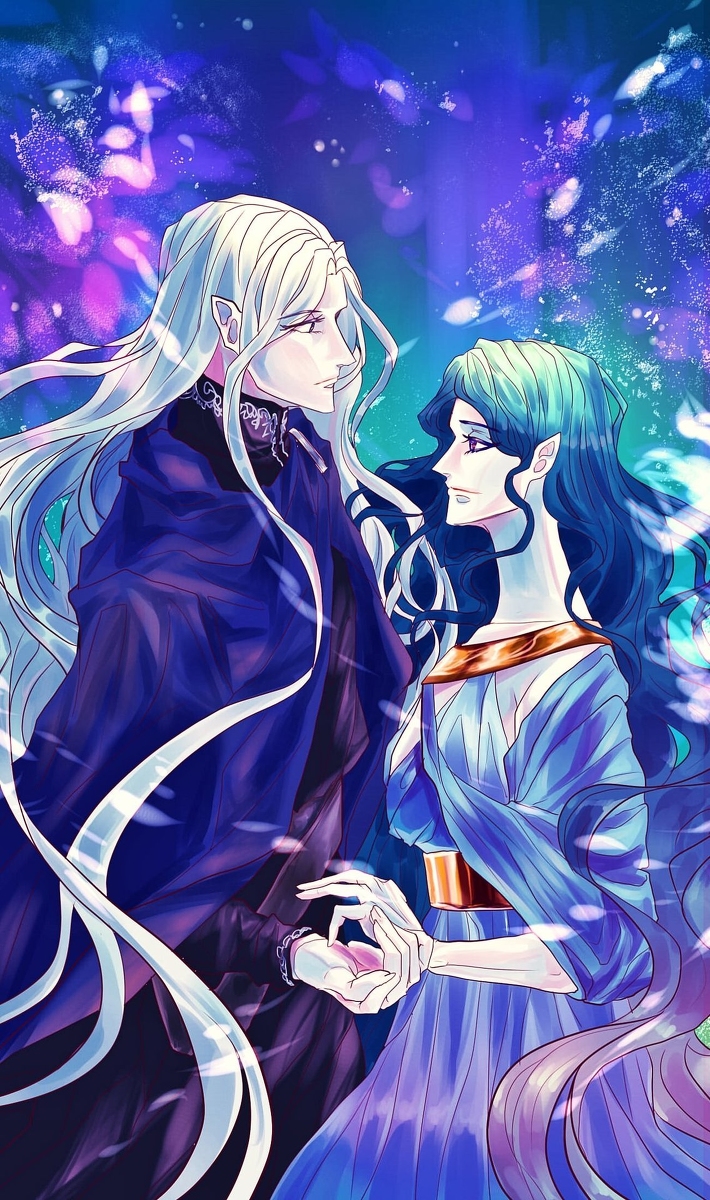 arfeiniel, melian, thingol, the silmarillion, tolkien's legendarium, 1boy, 1girl, closed mouth, elf, eyelashes, floating hair, grey hair, height difference, holding hands, long hair, looking at another, pointy ears, profile, purple eyes, upper body, white hair