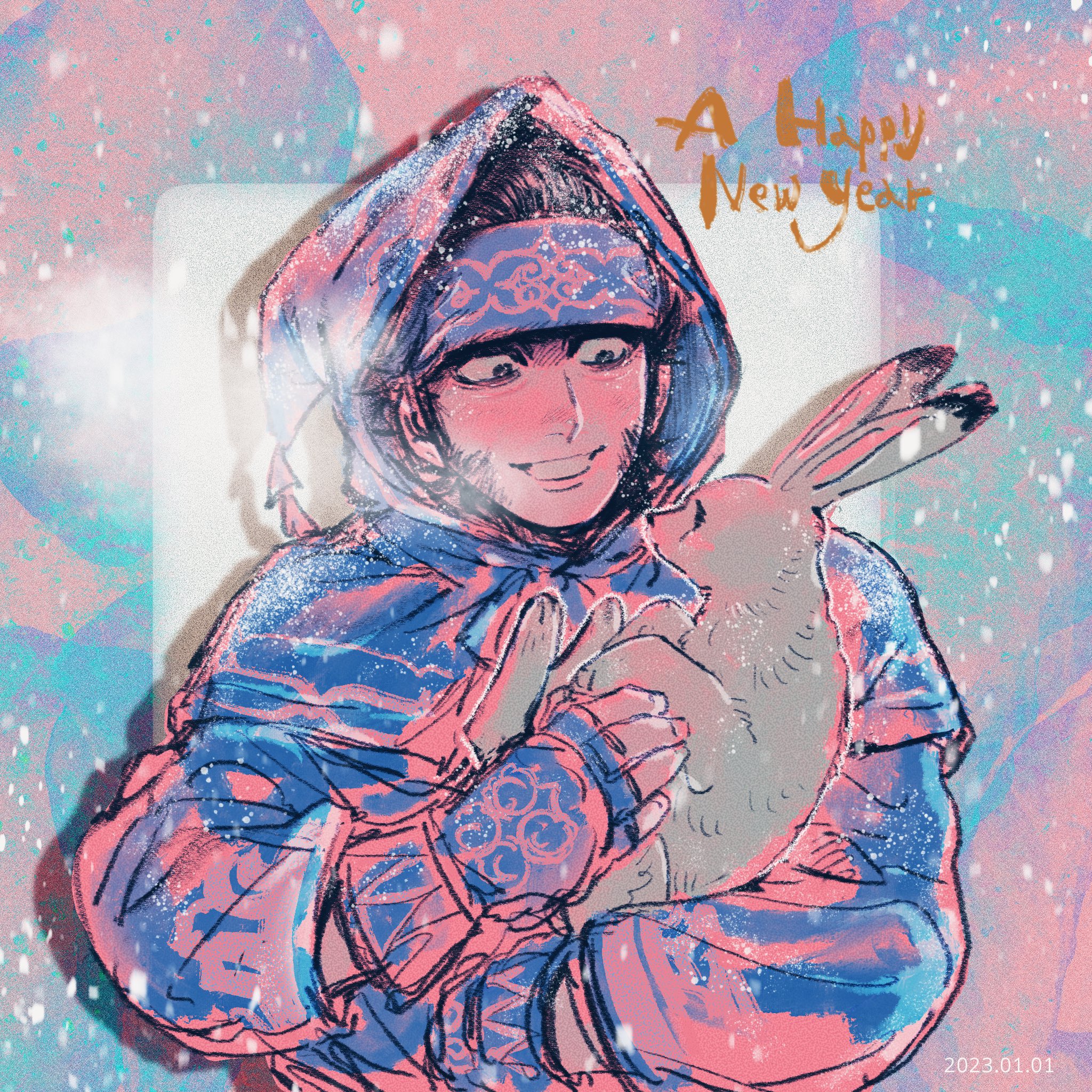 kirawus (golden kamuy), golden kamuy, commentary, highres, symbol-only commentary, 1boy, animal, black hair, blue headband, border, breath, fingerless gloves, gloves, grin, gyoniku775, happy new year, headband, holding, holding animal, hood, hood up, long sideburns, long sleeves, male focus, new year, rabbit, short hair, sideburns, smile, solo, upper body