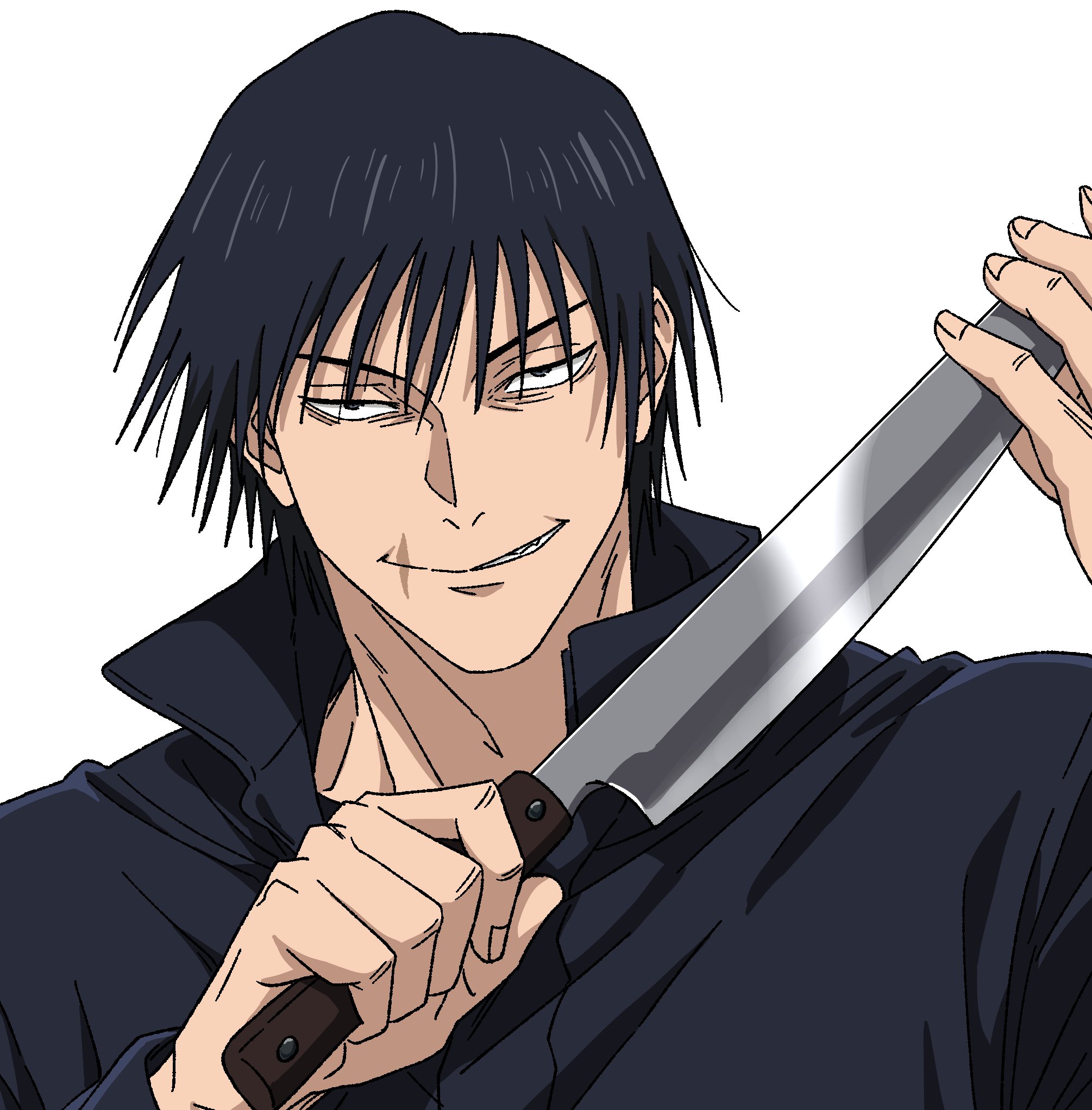 fushiguro touji, jujutsu kaisen, highres, 1boy, black hair, black jacket, evil grin, evil smile, grin, holding, holding knife, jacket, knife, male focus, muscular, muscular male, scar on lip, short hair, simple background, smile, solo, v0idzenin, white background