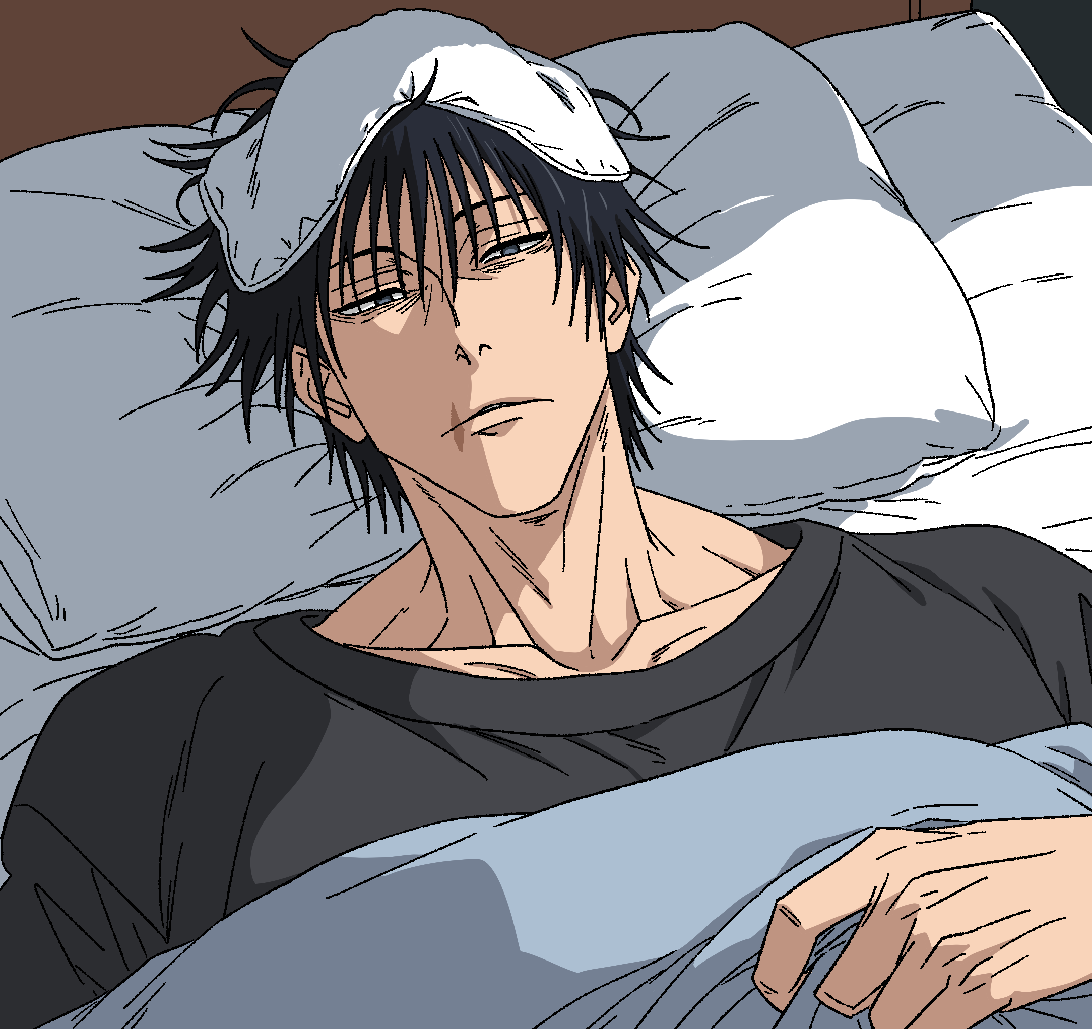 fushiguro touji, jujutsu kaisen, highres, 1boy, black hair, collarbone, head on pillow, male focus, messy hair, muscular, muscular male, pillow, scar on lip, short hair, sick, simple background, solo, under covers, upper body, v0idzenin, white background