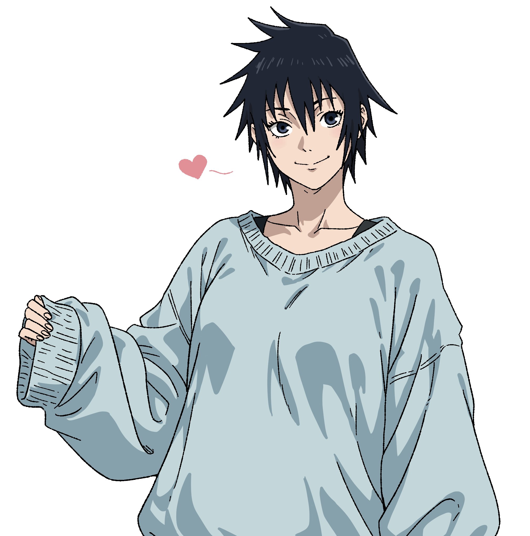 megumi's mother (jujutsu kaisen), jujutsu kaisen, highres, 1girl, breasts, collarbone, heart, medium breasts, oversized sweater, short hair, simple background, solo, spiked hair, sweater, v0idzenin, white background, white sweater, wide sleeves