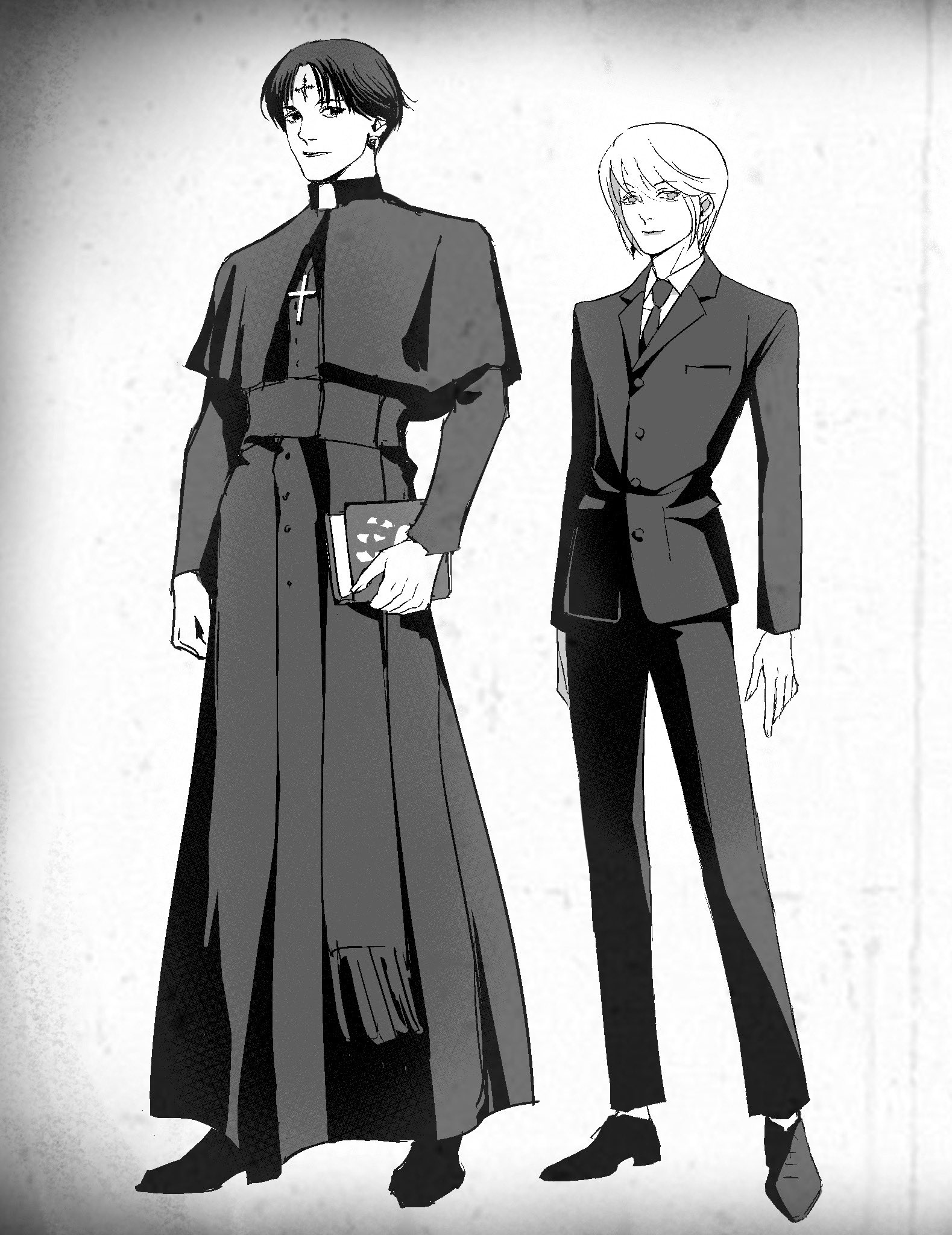 chrollo lucilfer, kurapika, hunter x hunter, highres, 2boys, 63roku63, alternate universe, androgynous, black hair, black robe, clerical collar, closed mouth, cross tattoo, facial mark, forehead mark, forehead tattoo, full body, greyscale, male focus, monochrome, multiple boys, priest, robe, shirt, short hair, tattoo