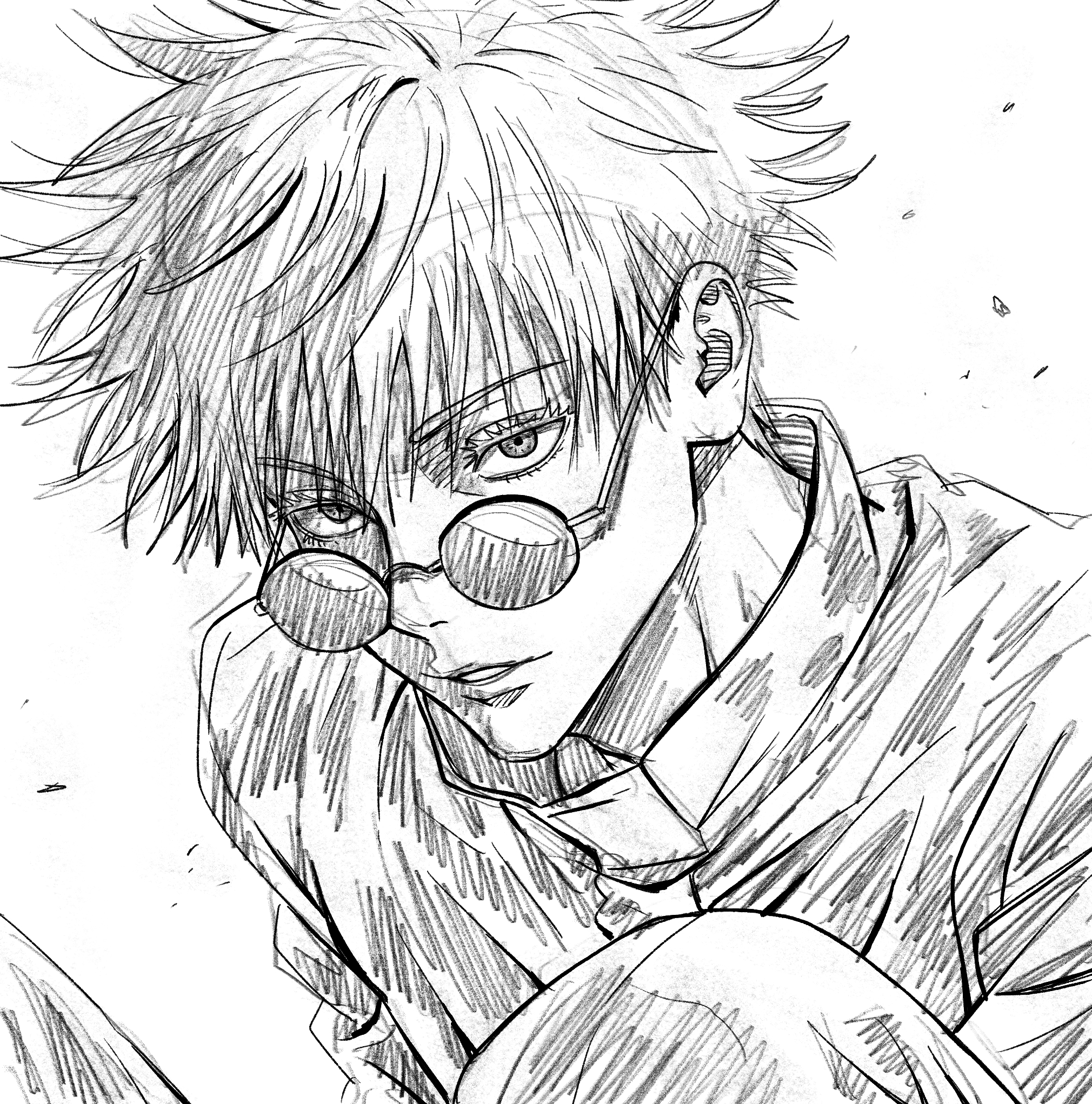 gojou satoru, jujutsu kaisen, highres, 1boy, eyelashes, greyscale, male focus, monochrome, parted lips, round eyewear, short hair, sketch, solo, spiked hair, sunglasses, v0idzenin