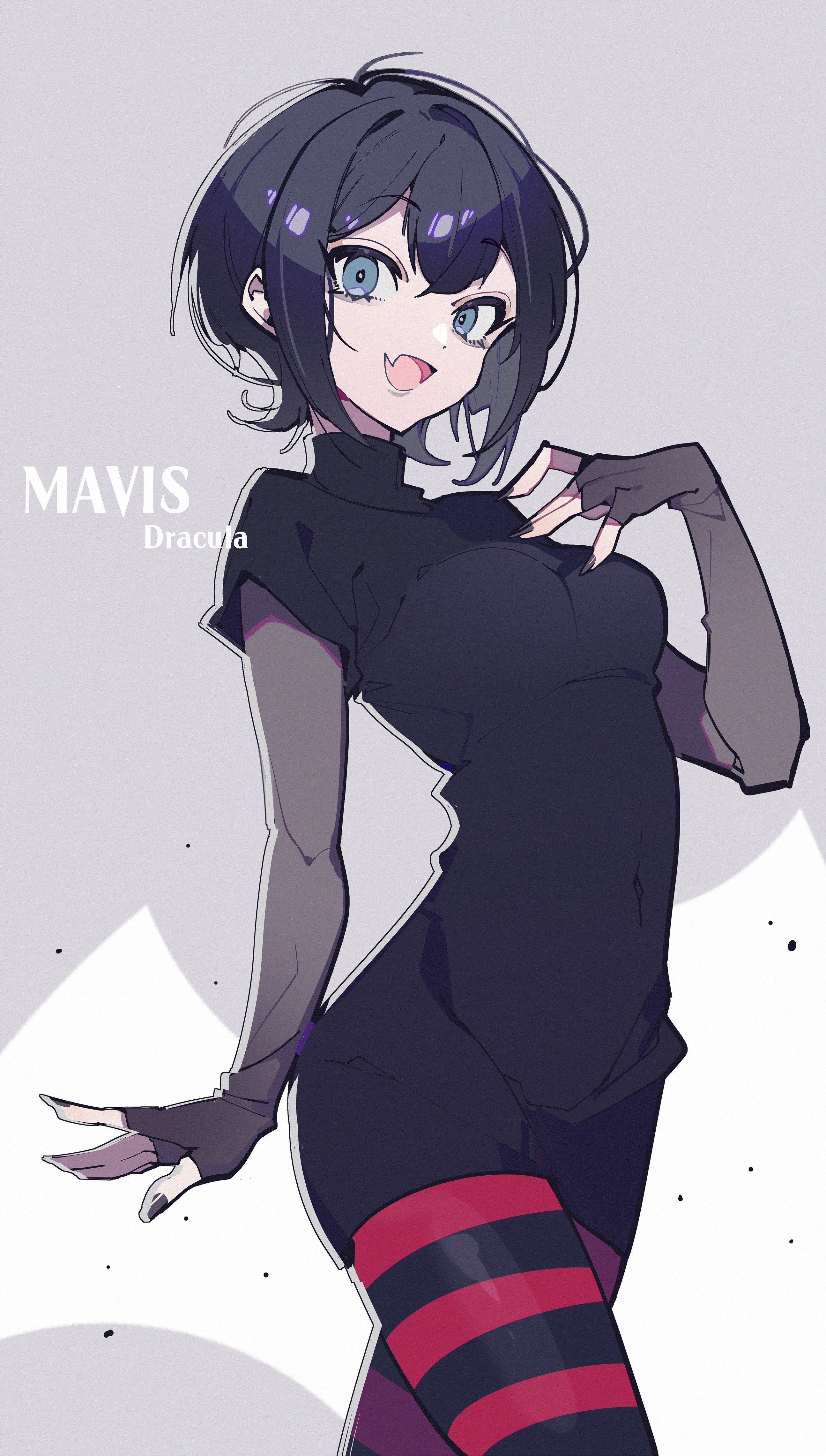 priest77, mavis dracula, hotel transylvania, absurdres, commentary, highres, symbol-only commentary, 1girl, black hair, black nails, black shirt, black skirt, breasts, character name, fang, grey background, grey eyes, hand up, looking at viewer, miniskirt, shirt, short hair, simple background, skin fang, skirt, solo, striped clothes, striped thighhighs, thighhighs, two-tone background, white background
