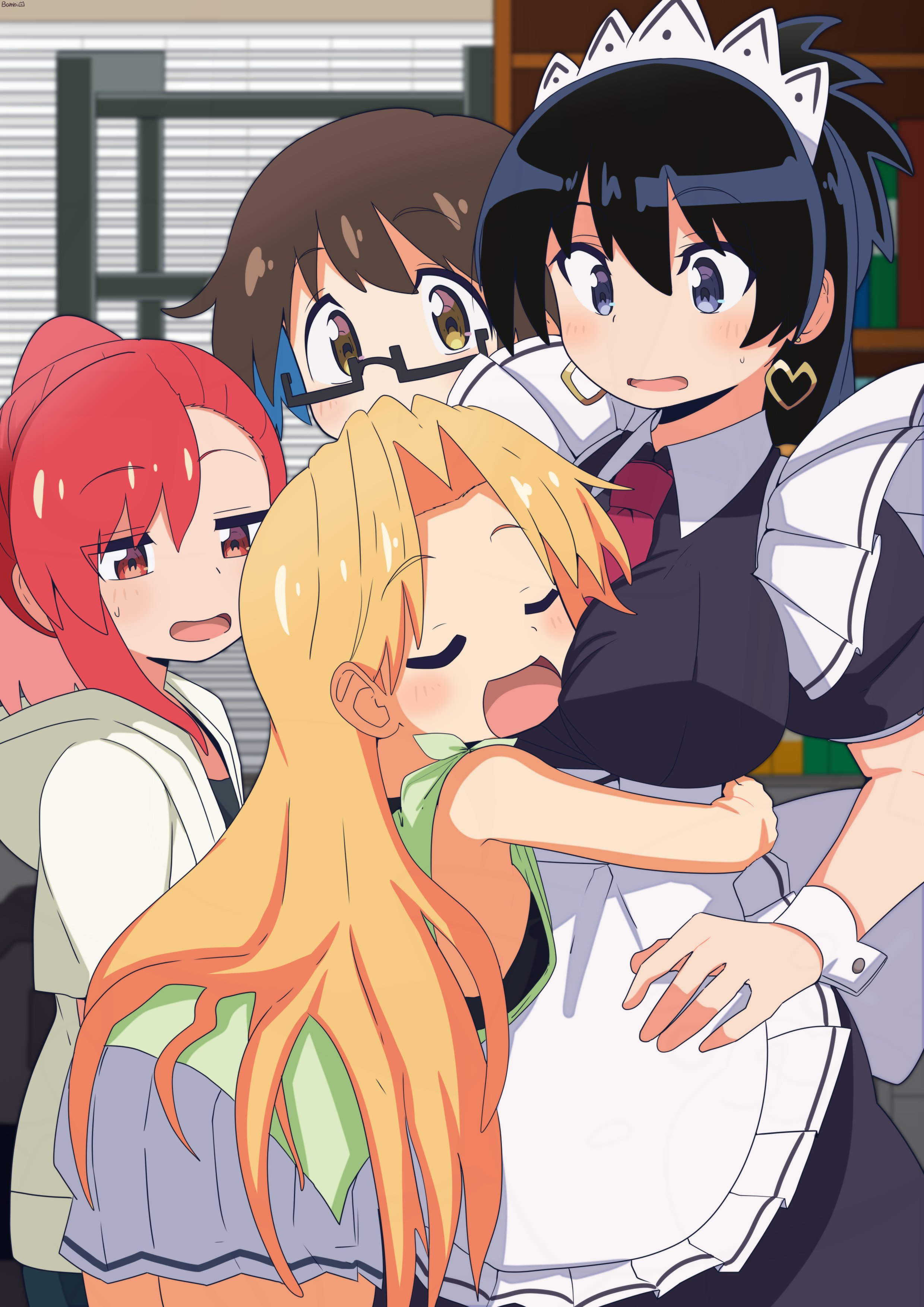 bambi2000line, arato nagi, imari youko, seto shouko, tanigawa ruri, ruri no houseki, absurdres, commentary, highres, symbol-only commentary, 4girls, :d, apron, artist name, black-framed eyewear, black eyes, black hair, blonde hair, blue hair, breasts, brown eyes, brown hair, closed eyes, colored inner hair, earrings, frilled apron, frills, hair between eyes, hairband, heart, heart earrings, hug, indoors, jewelry, large breasts, long hair, maid, maid headdress, multicolored hair, multiple girls, necktie, open mouth, pink hair, pleated skirt, ponytail, puffy short sleeves, puffy sleeves, rectangular eyewear, red eyes, red hairband, red necktie, semi-rimless eyewear, short sleeves, skirt, smile, two-tone hair, under-rim eyewear, white skirt, window blinds, wrist cuffs