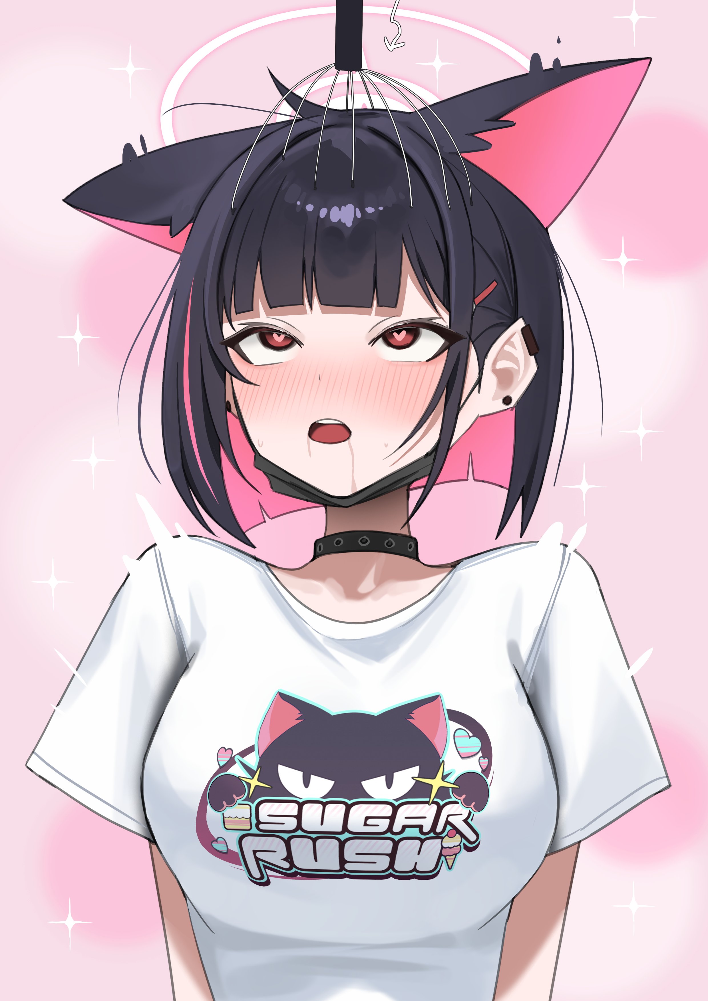 momocadraw, kazusa (band) (blue archive), kazusa (blue archive), blue archive, absurdres, highres, 1girl, animal ears, black hair, blush, breasts, cat ears, cat girl, colored inner hair, drooling, earclip, extra ears, halo, heart, heart-shaped pupils, large breasts, looking up, mask, mouth mask, multicolored hair, open mouth, pink background, pink hair, pink halo, red eyes, saliva, scalp massager, shirt, short hair, smear frame, solo, sparkle, symbol-shaped pupils, t-shirt, teeth, upper body, upper teeth only, white shirt