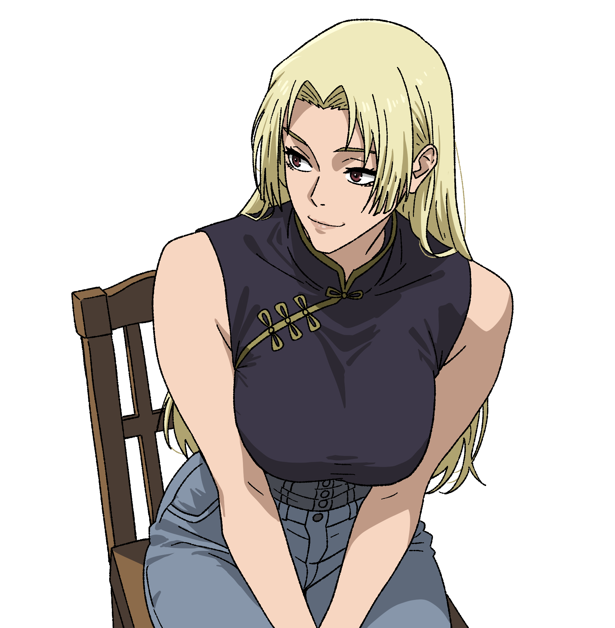 tsukumo yuki, jujutsu kaisen, highres, 1girl, blonde hair, blue pants, breasts, brown eyes, chair, eyelashes, hair intakes, large breasts, long hair, on chair, pants, simple background, sitting, smile, solo, v0idzenin, white background