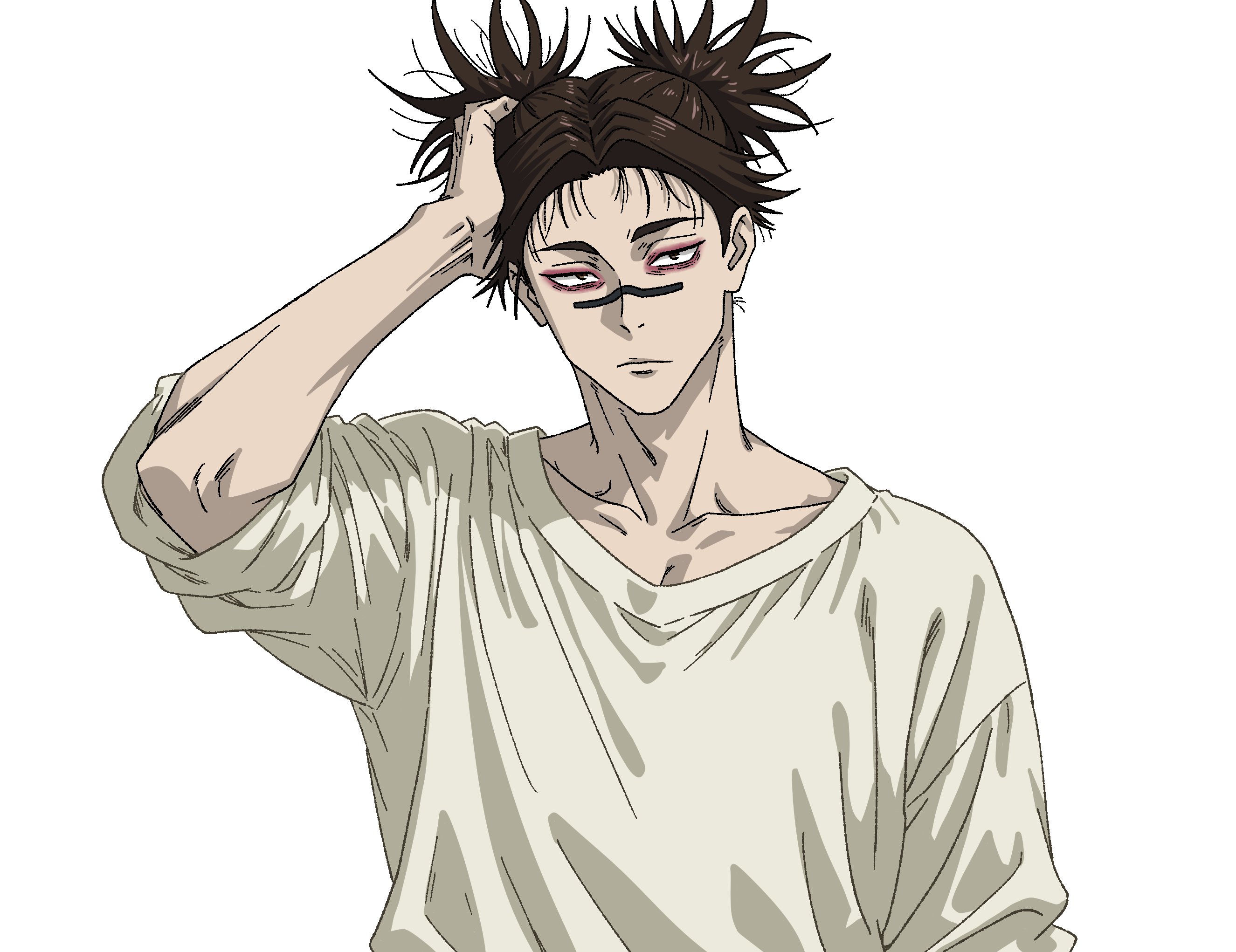 choso (jujutsu kaisen), jujutsu kaisen, highres, 1boy, closed mouth, collarbone, facial mark, short hair, short twintails, simple background, solo, sweater, twintails, v0idzenin, white background, white sweater