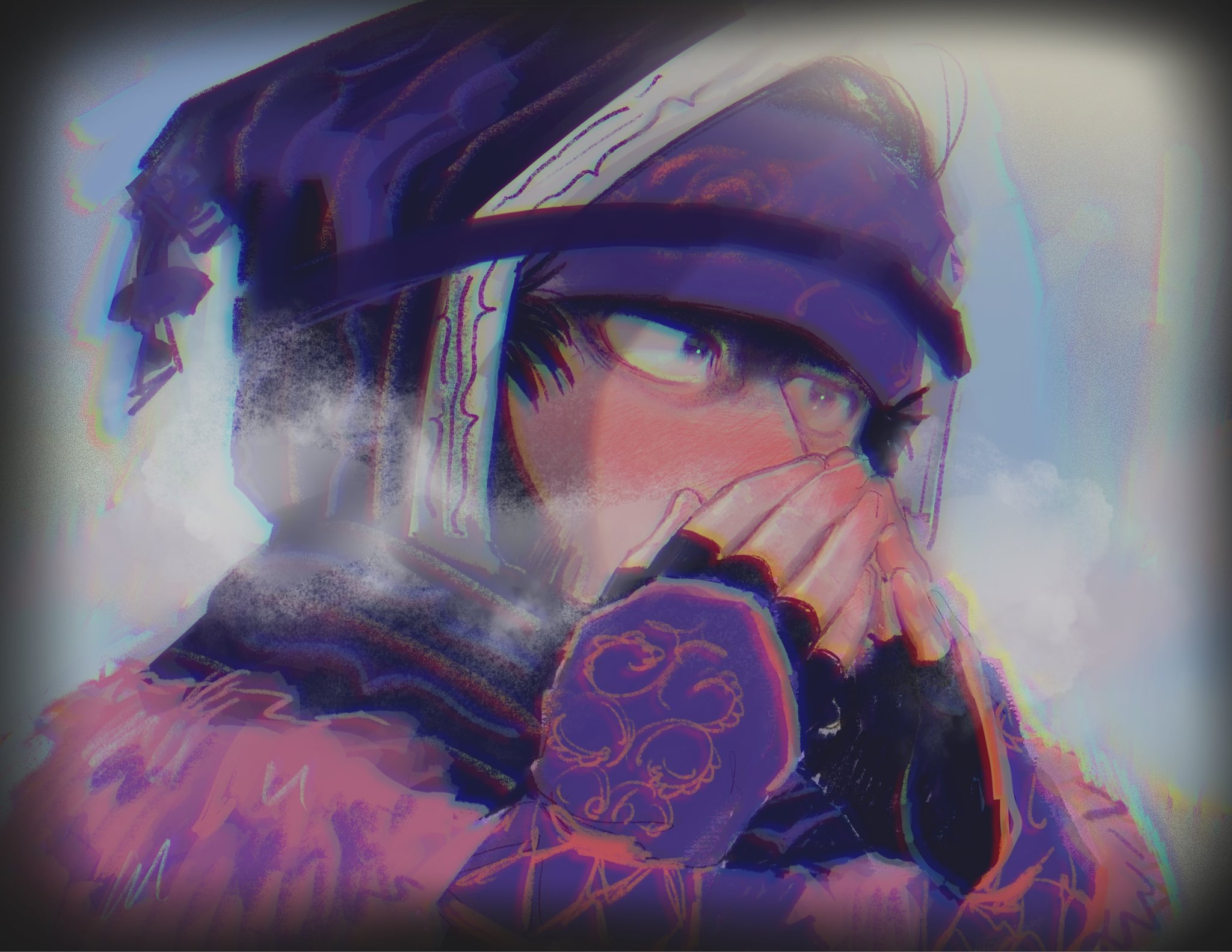 kirawus (golden kamuy), golden kamuy, commentary, highres, symbol-only commentary, 1boy, black gloves, black hair, blush, breath, covered mouth, fingerless gloves, gloves, gyoniku775, headband, hood, hood up, long sideburns, looking ahead, male focus, purple headband, sideburns, warming hands, winter