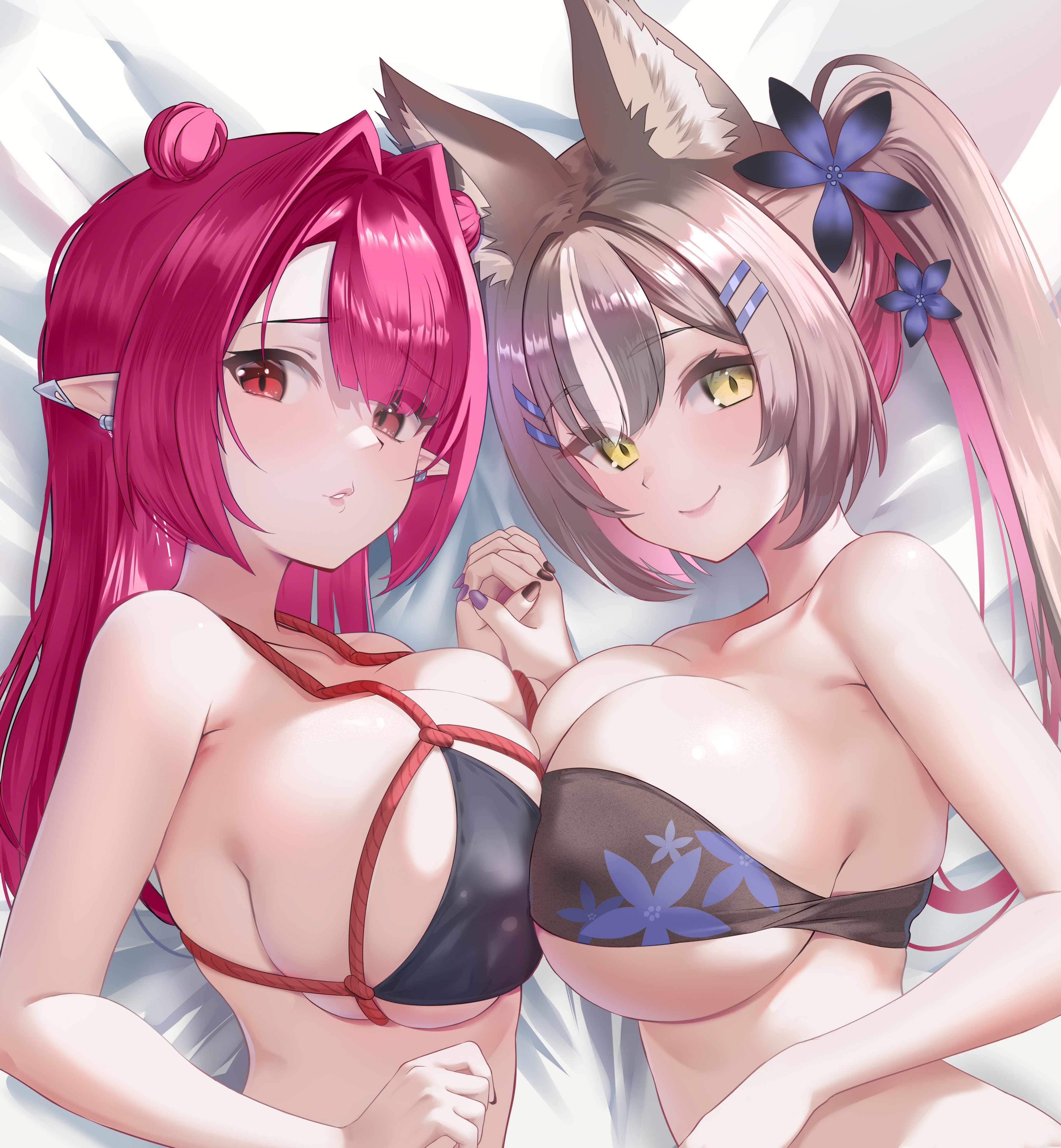 ar-khey, chisaka airi, dizzy dokuro, phase connect, absurdres, commentary, english commentary, highres, 2girls, animal ear fluff, animal ears, bandeau, bare shoulders, bed sheet, bikini, black bandeau, black bikini, blush, breast press, breasts, brown hair, brown nails, cleavage, closed mouth, collarbone, colored inner hair, double bun, eyelashes, fingernails, floral print, green eyes, hair between eyes, hair bun, hair intakes, hair ornament, hair petal, hairclip, hairpin, holding hands, interlocked fingers, large breasts, long fingernails, long hair, looking at viewer, lying, micro bikini, multicolored hair, multiple girls, multiple hairpins, on side, parted lips, pink hair, pointy ears, ponytail, purple nails, red eyes, red hair, red rope, rope, sideboob, sidelocks, skindentation, smile, strapless, strapless bikini, streaked hair, swimsuit, symmetrical docking, underboob, upper body, virtual youtuber, wolf ears, wolf girl