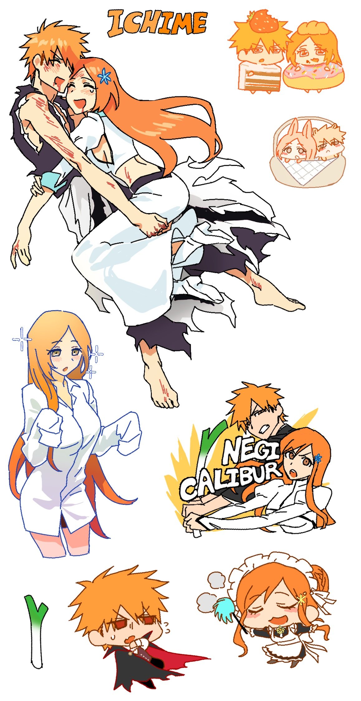 losloslaus, bleach, highres, 1boy, 1girl, alternate costume, basket, blush, brown eyes, cake costume, chibi, chibi inset, closed eyes, donut, dress shirt, flower hairpin, food, full body, hetero, holding, holding food, holding spring onion, holding vegetable, hug, long hair, maid, open mouth, orange hair, scuffed, ship name, shirt, smile, spring onion, vampire costume, vegetable, very long hair, white background