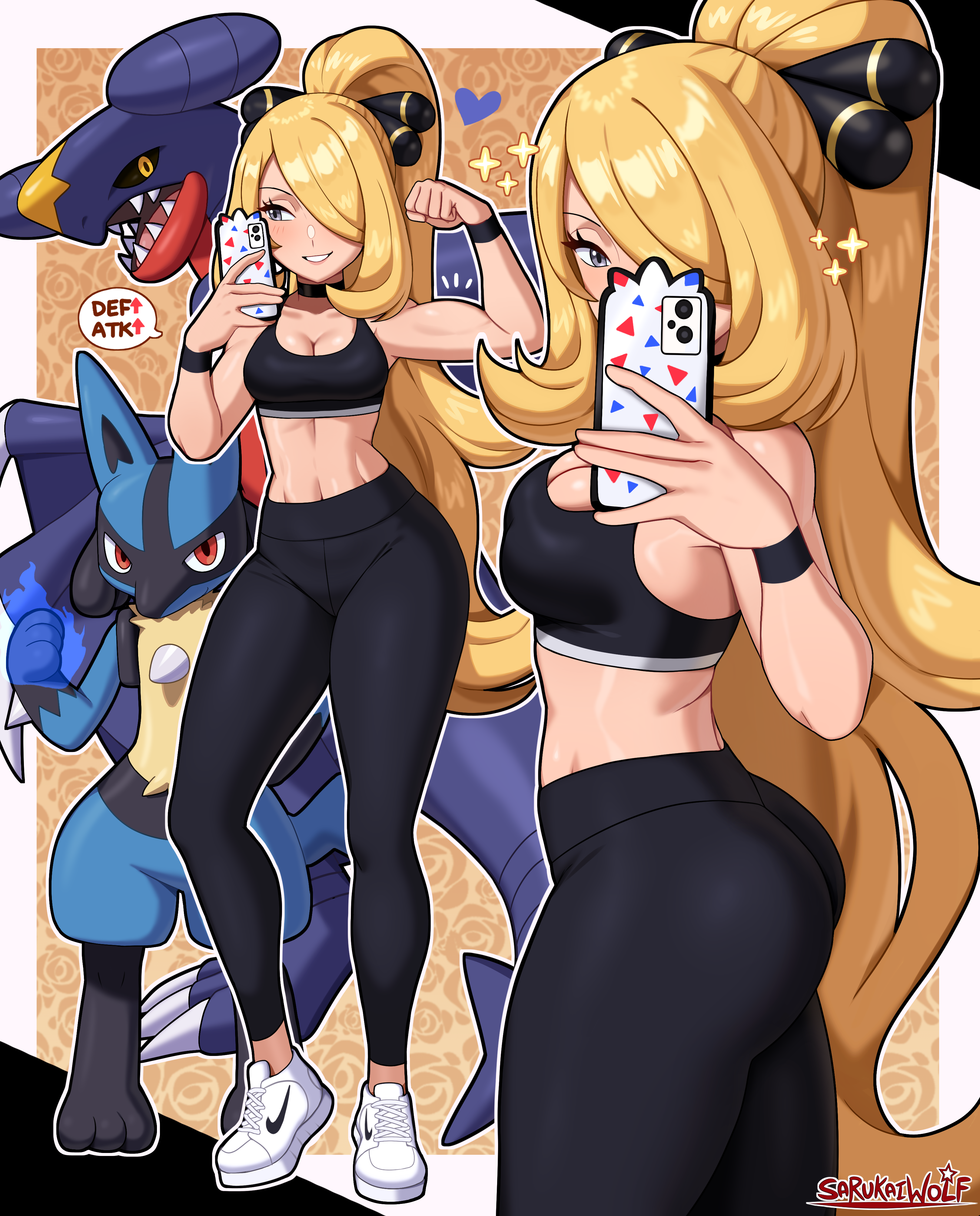 sarukaiwolf, cynthia (pokemon), garchomp, lucario, nintendo, pokemon, pokemon dppt, 1girl, artist name, ass, bare shoulders, black leggings, blonde hair, border, breasts, cellphone, choker, cleavage, collarbone, cowboy shot, from side, full body, gen 4 pokemon, grey eyes, hair over one eye, leggings, long hair, medium breasts, midriff, navel, outline, phone, pokemon (creature), ponytail, selfie, shoes, smartphone, smile, sneakers, sports bra, sportswear, standing, white border, white outline, wristband