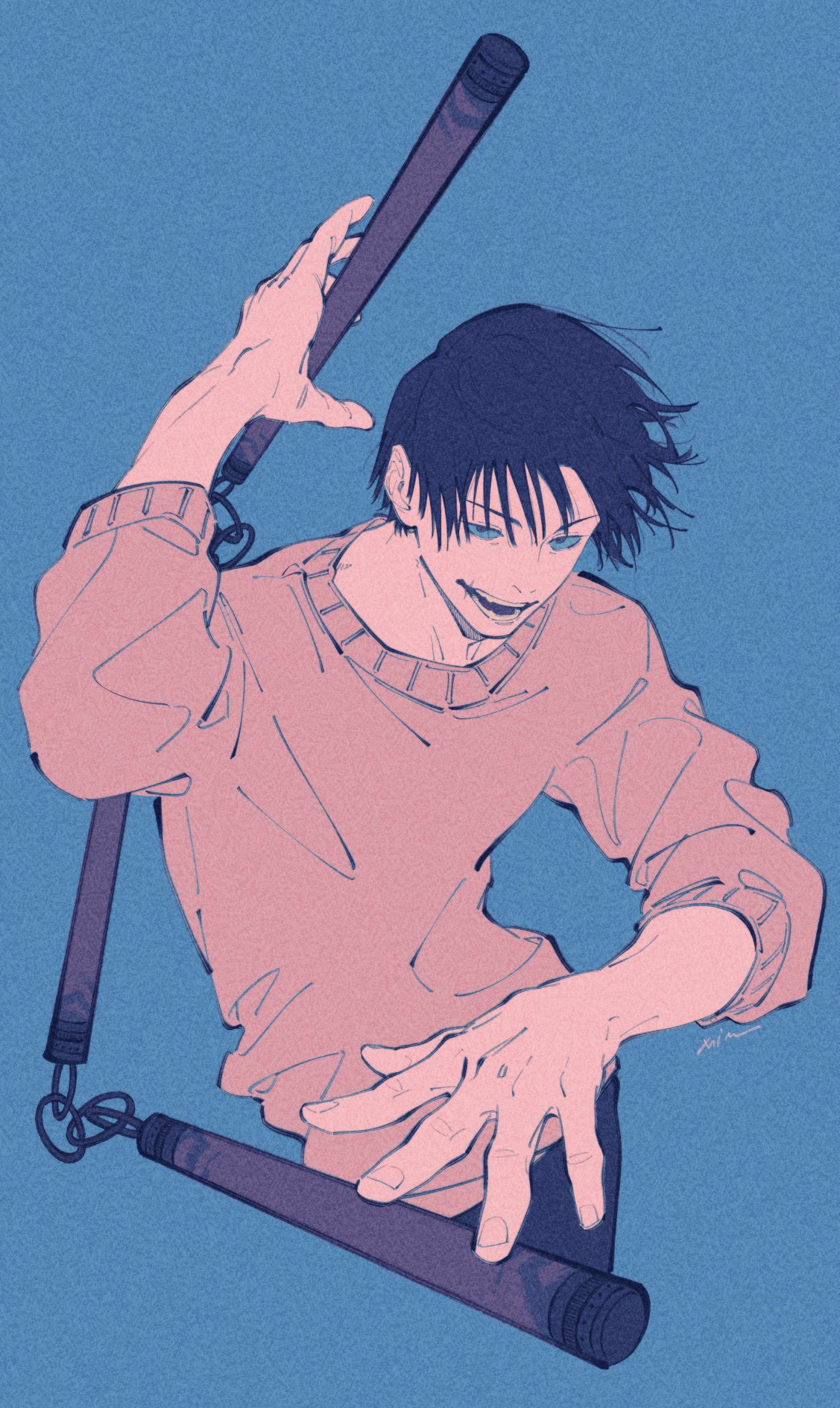 mim (mimya0600), fushiguro touji, jujutsu kaisen, highres, 1boy, black hair, blue background, cropped legs, male focus, pale skin, scar on lip, short hair, smile, solo, sweater, three section staff, white sweater